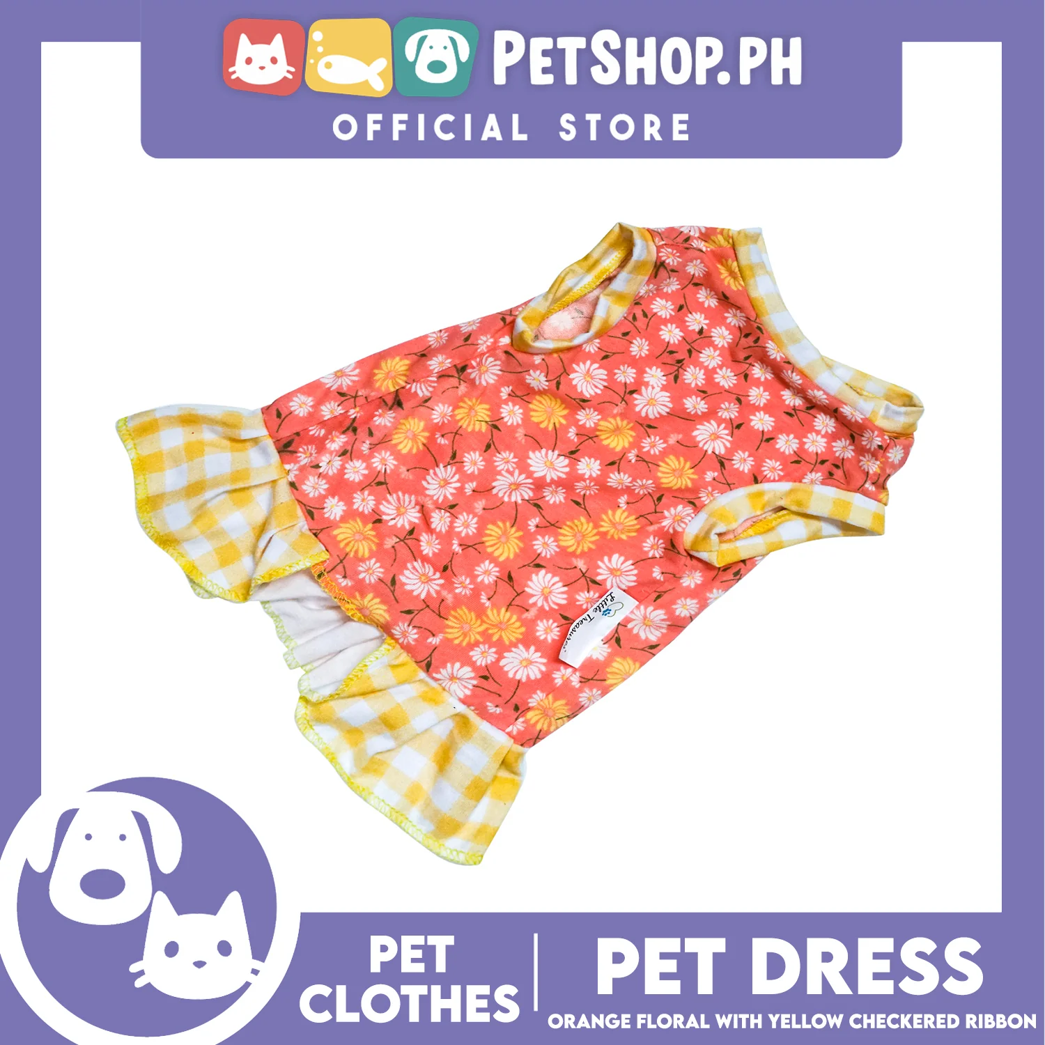 Pet Dress Orange Floral Yellow Checkered with Ribbon (Small) Pet Dress Clothes Perfect for Dogs - Image 4