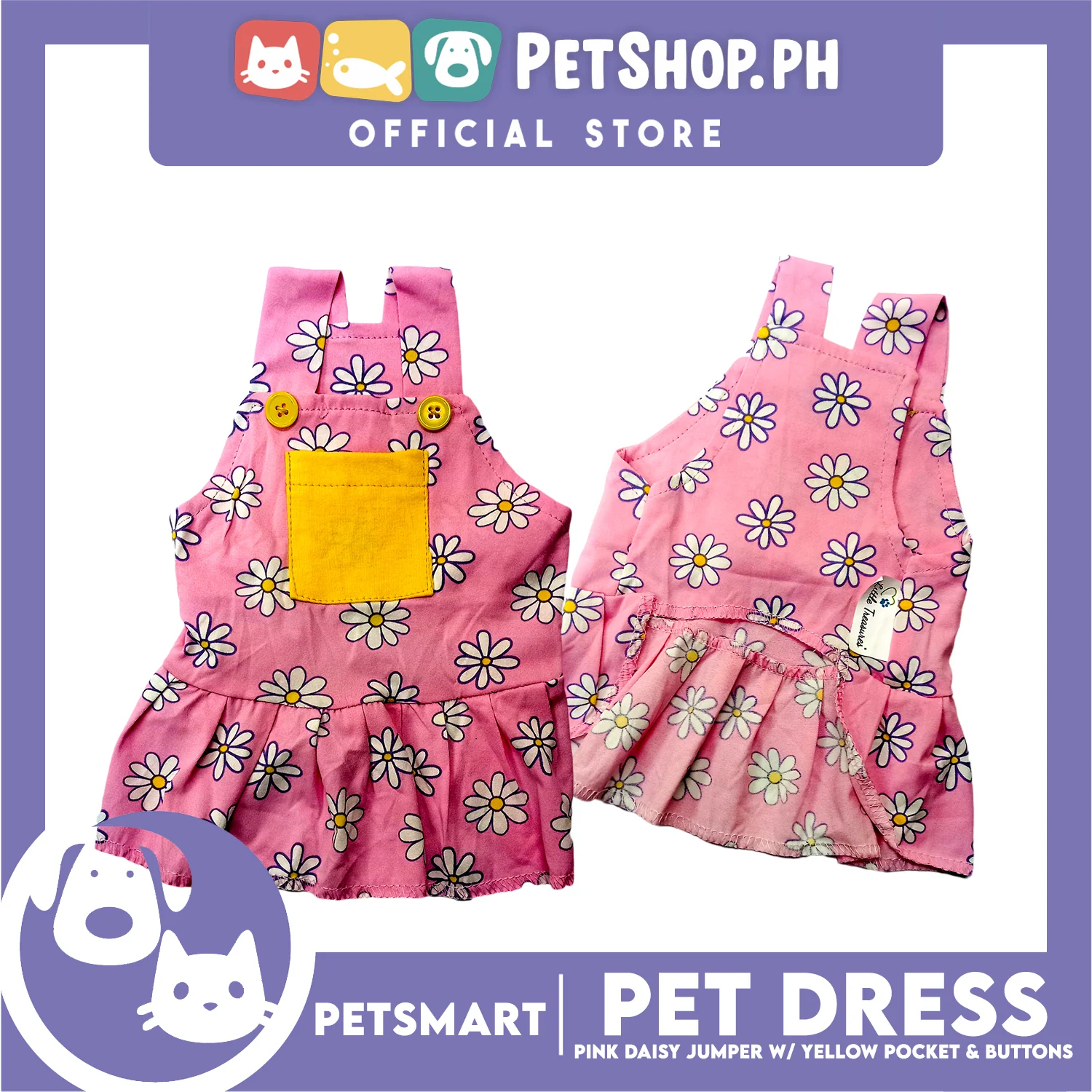 Pet Dress Pink Daisy Jumper with Yellow Pocket and Buttons Perfect Fit for Dogs and Cats (Medium) - Image 2