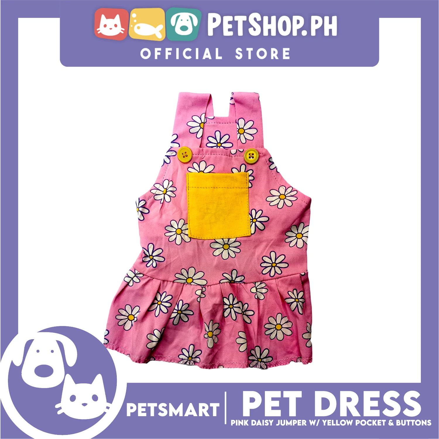 Pet Dress Pink Daisy Jumper with Yellow Pocket and Buttons Perfect Fit for Dogs and Cats (Small) - Image 3