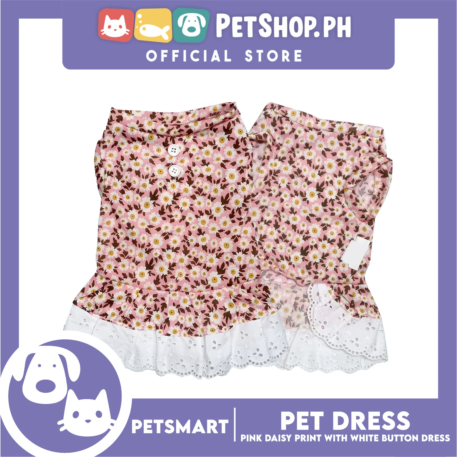 Pet Dress Pink Daisy Print with White Button Design DG-CTN186M (Medium) - Image 2