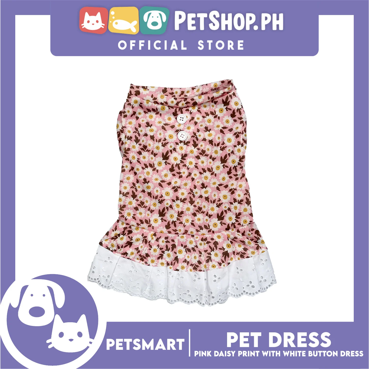 Pet Dress Pink Daisy Print with White Button Design DG-CTN186M (Medium) - Image 3