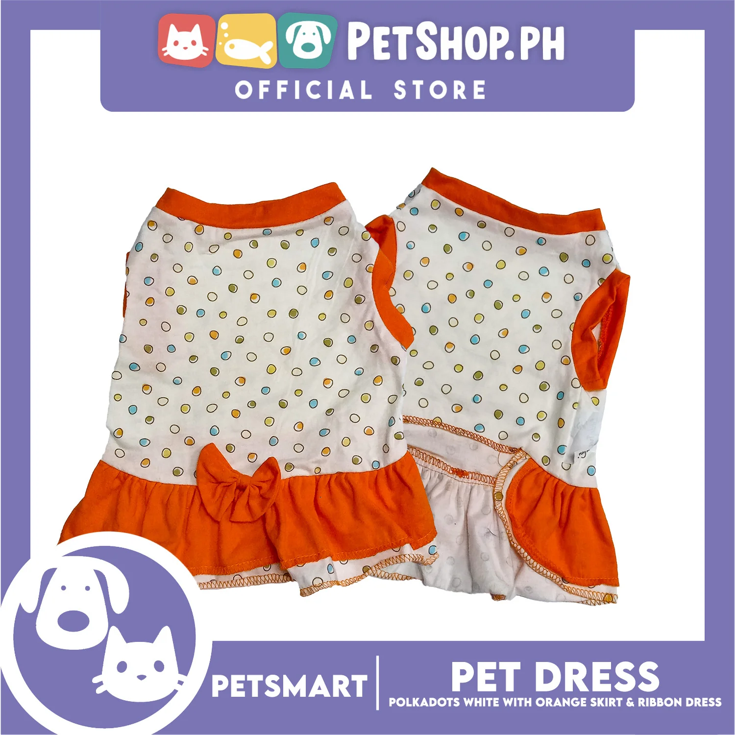 Pet Dress Polkadots White with Orange Color Skirt and Ribbon Design, Small Size (DG-CTN200S) - Image 2