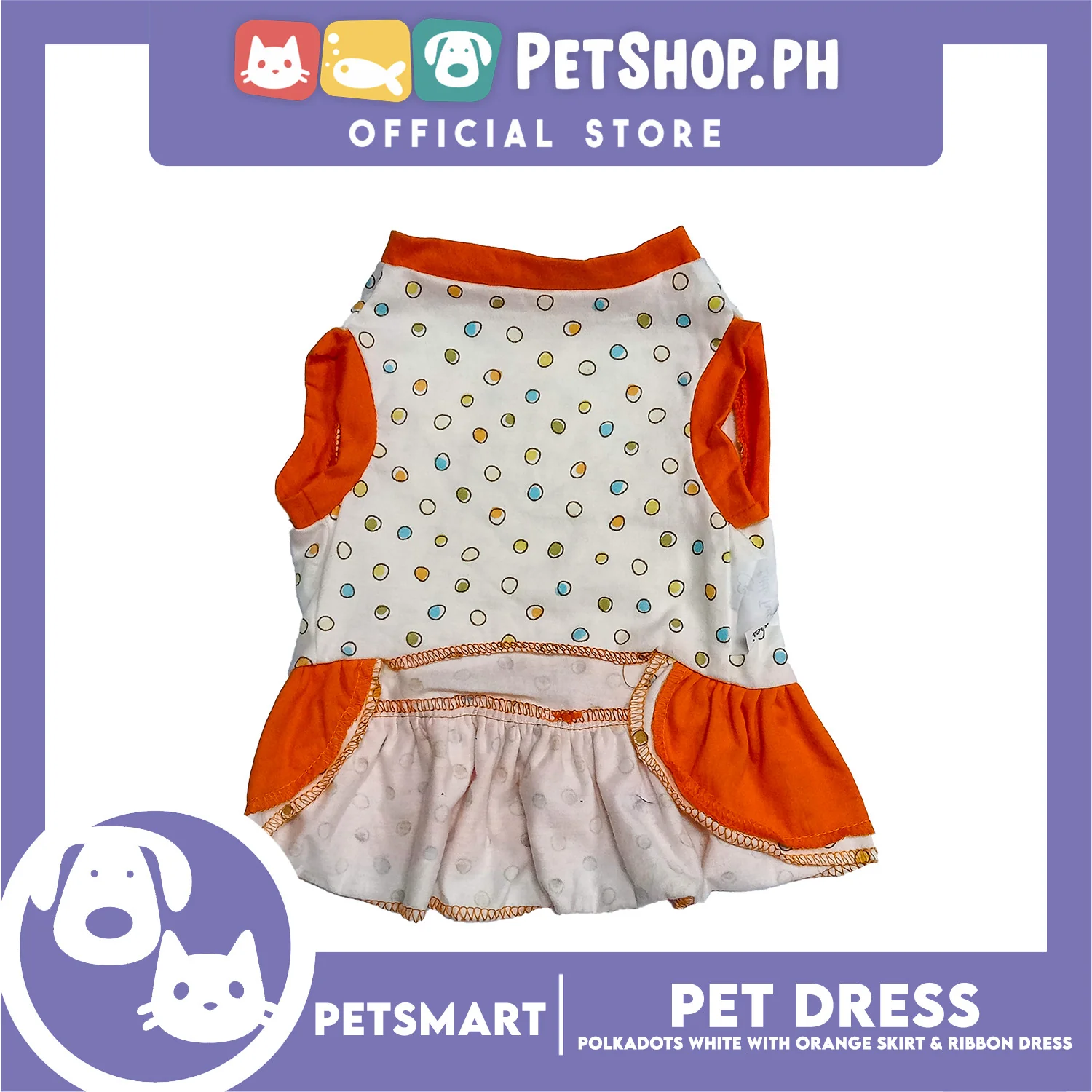Pet Dress Polkadots White with Orange Color Skirt and Ribbon Design, Small Size (DG-CTN200S) - Image 3