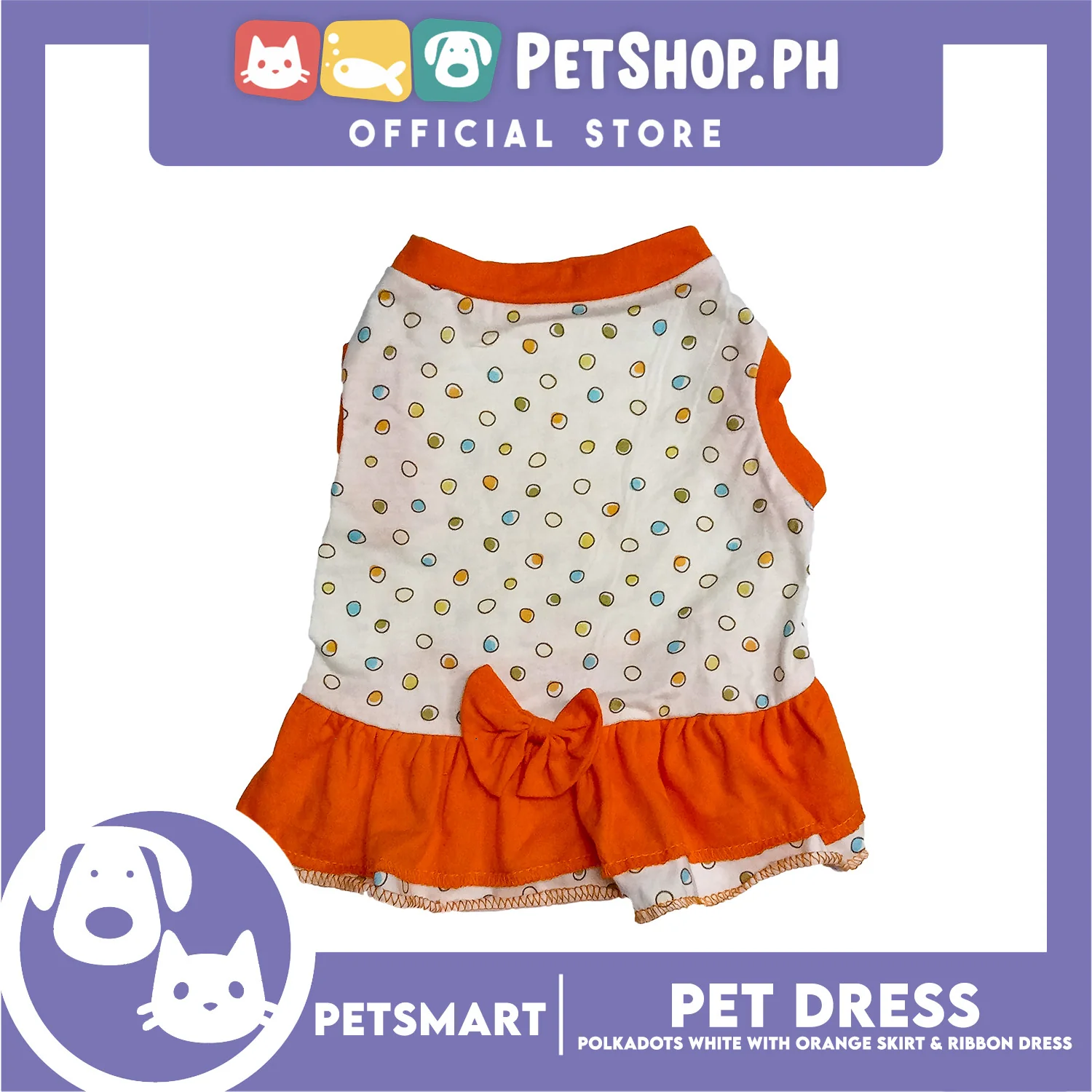 Pet Dress Polkadots White with Orange Color Skirt and Ribbon Design, Small Size (DG-CTN200S) - Image 4