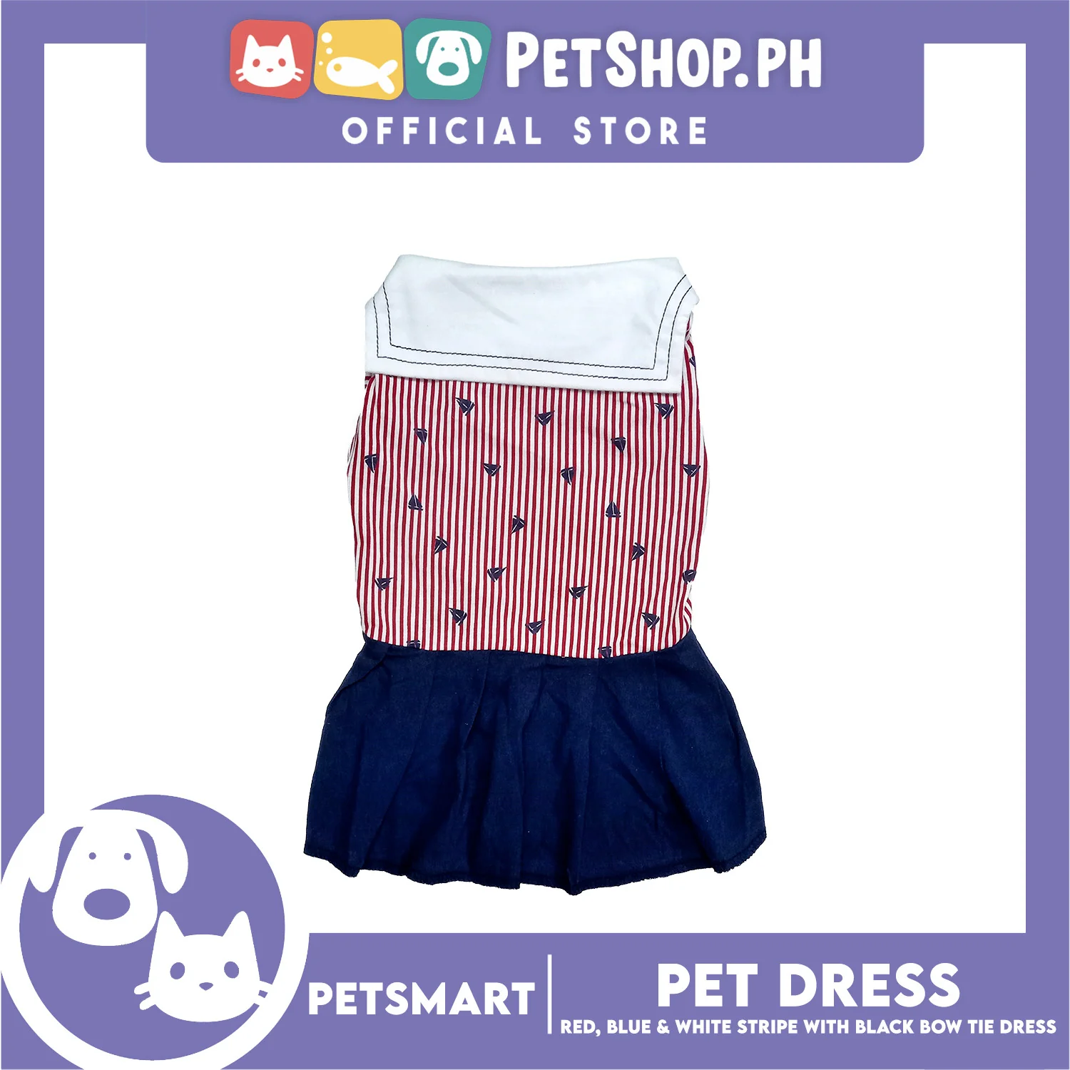 Pet Dress Red, Blue and White Stripe with Black Bow Tie Design DG-CTN184L (Large) - Image 3