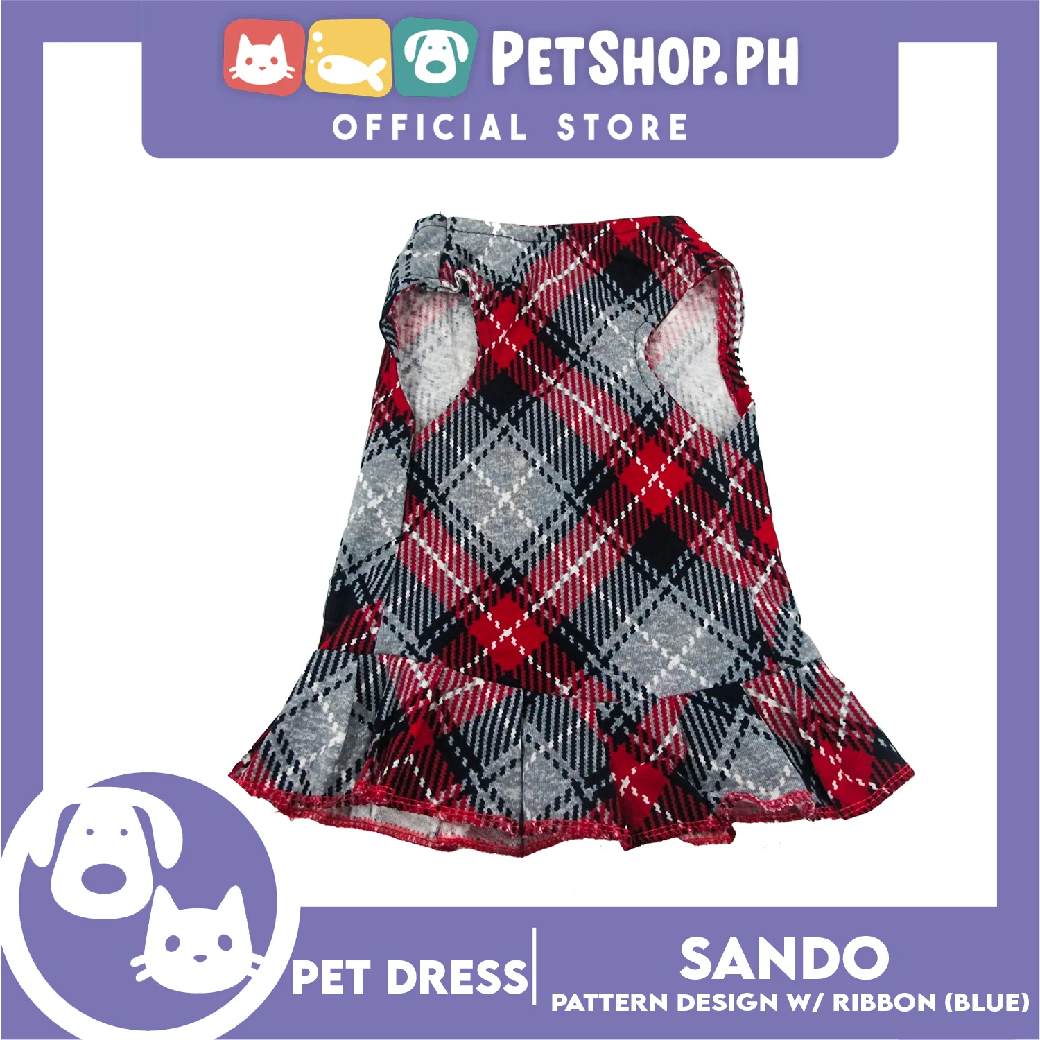 Pet Dress Summer Blue Checkered Skirt with Red Ribbon (Extra Large) for Small Dog and Cat - Image 2