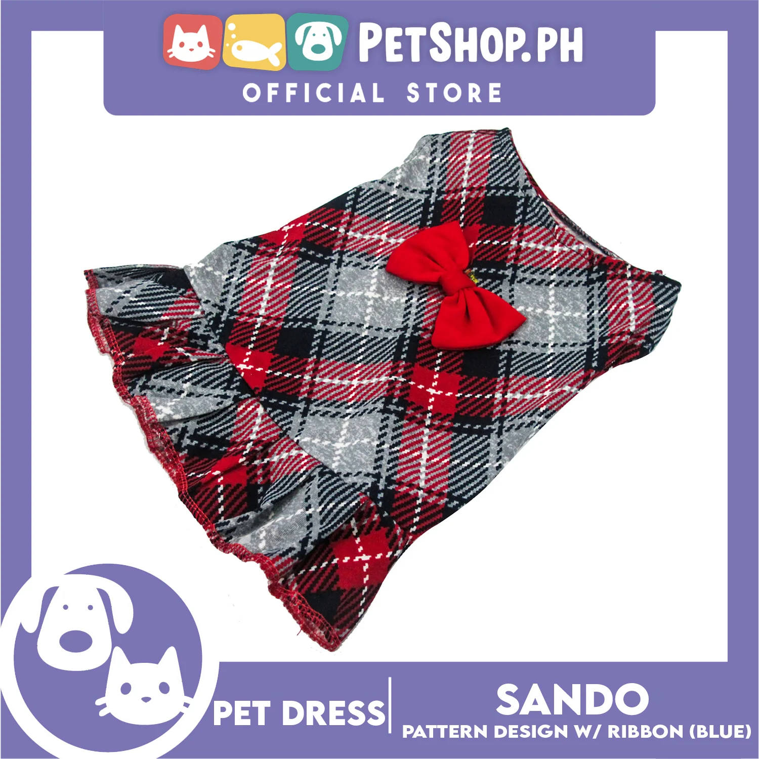 Pet Dress Summer Blue Checkered Skirt with Red Ribbon (Extra Large) for Small Dog and Cat - Image 4