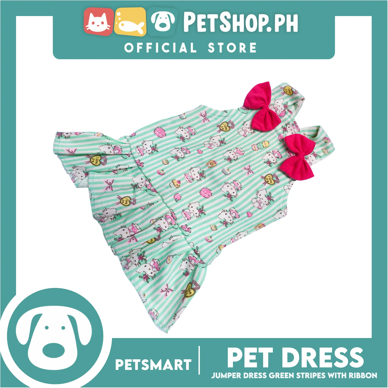 Pet Dress With Character Design, Green Stripes With Pink Ribbon (XL) - Image 2