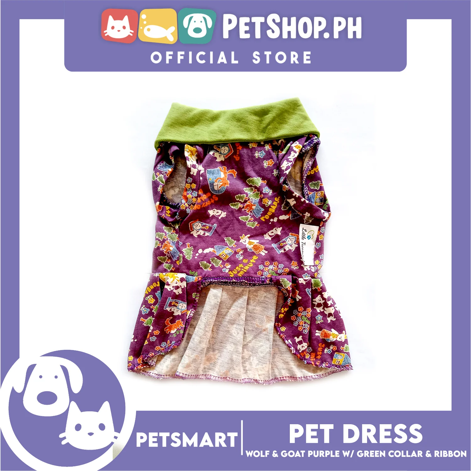 Pet Dress Wolf and Goat Design, Purple with Green Collar and Ribbon Color DG-CTN141M (Medium) Perfect Fit For Dogs And Cats - Image 2