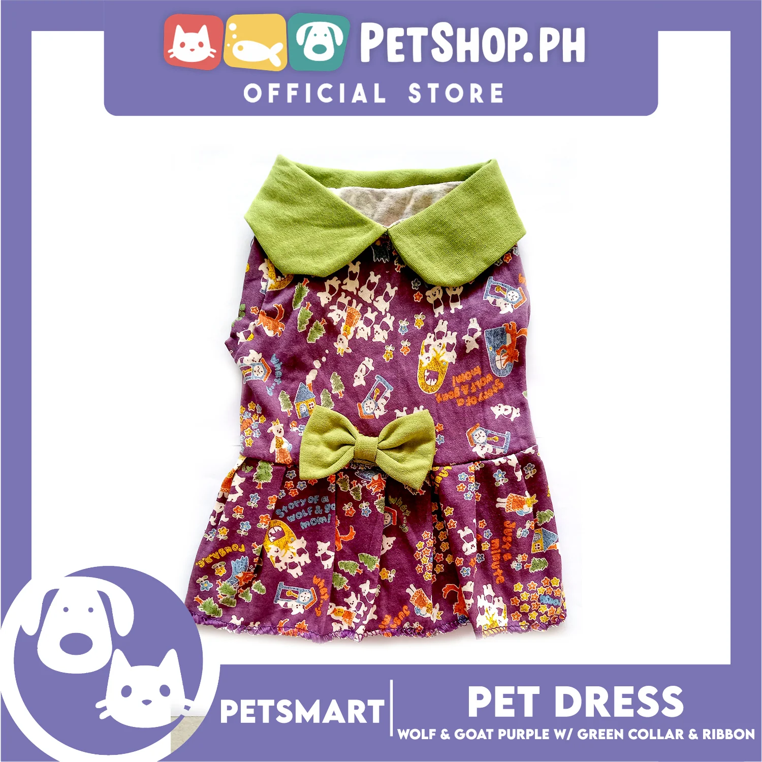 Pet Dress Wolf and Goat Design, Purple with Green Collar and Ribbon Color DG-CTN141M (Medium) Perfect Fit For Dogs And Cats - Image 4
