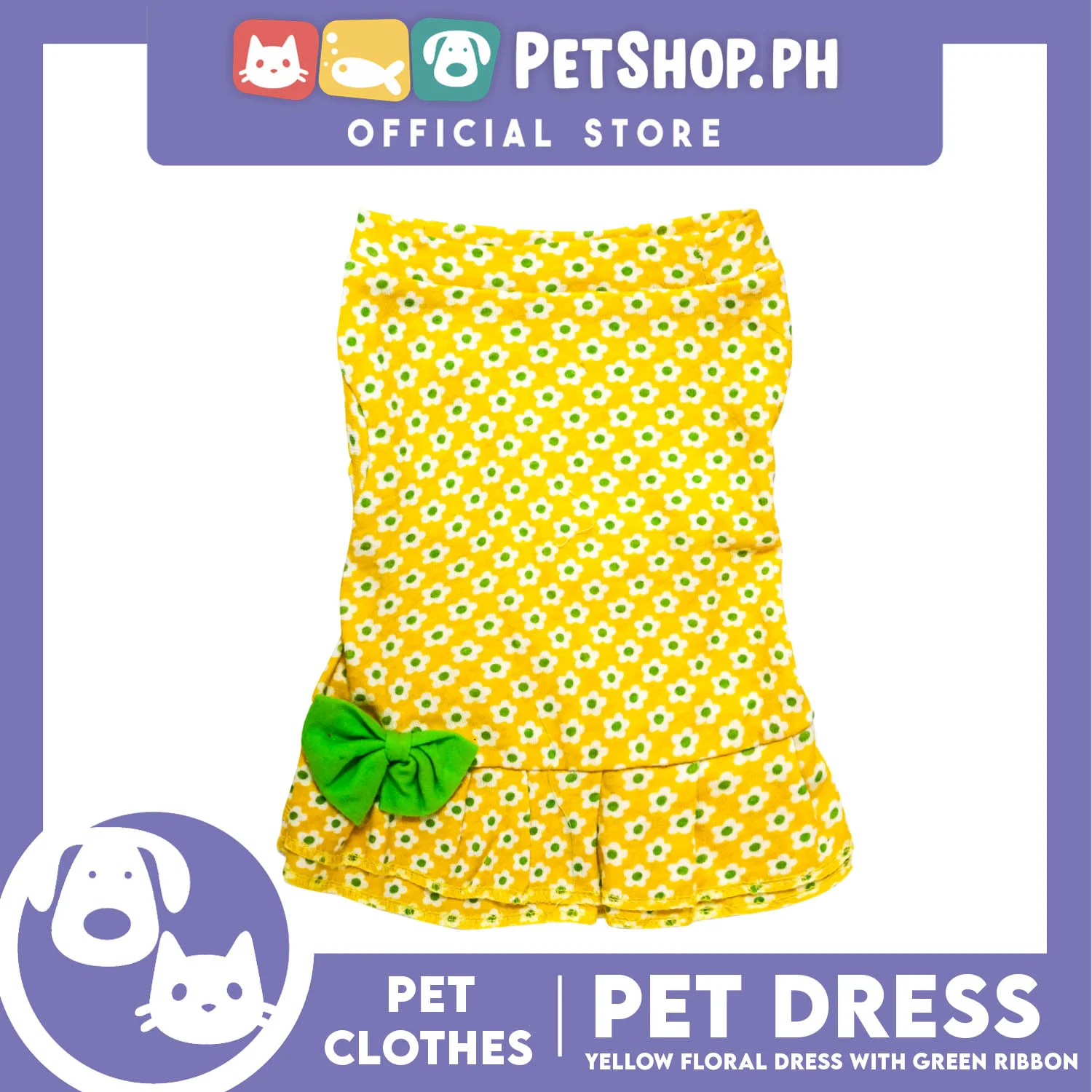 Pet Dress Yellow Floral with Green Ribbon Design (Large) Pet Clothes Perfect Fit for Dogs - Image 2