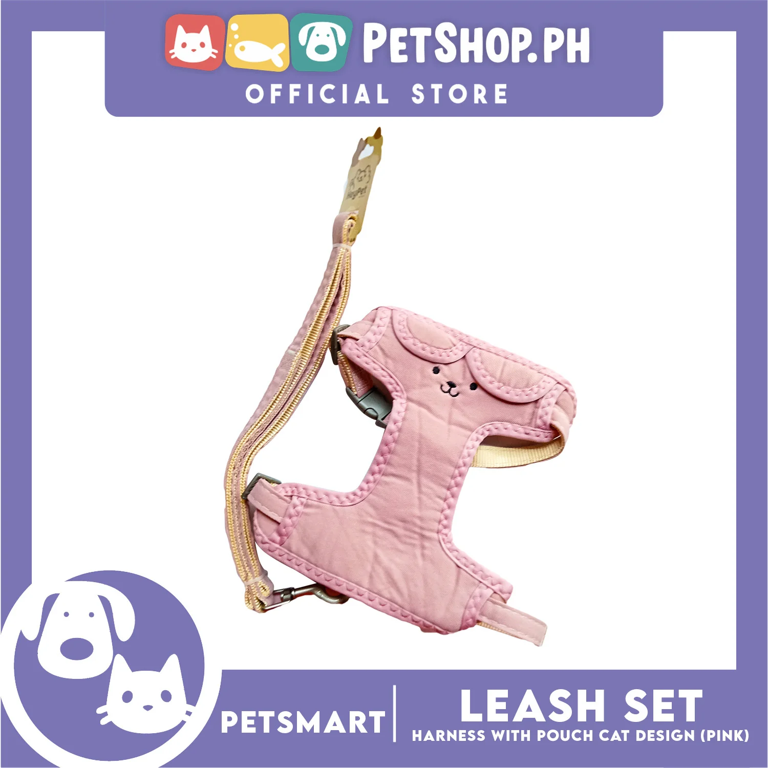 Pet Harness and Leash with Pouch For Small Dogs or Cats (Pink) Adjustable Size Cat Print Design - Image 3