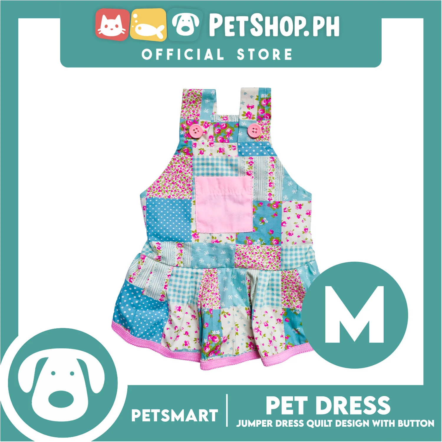 Pet Jumper Dress Quilt Design With Buttons, Blue With Pink Colors DG-CTN110M (Medium) Perfect Fit For Dogs And Cats, Breathable Clothes, Soft Lightweight Pet Clothing