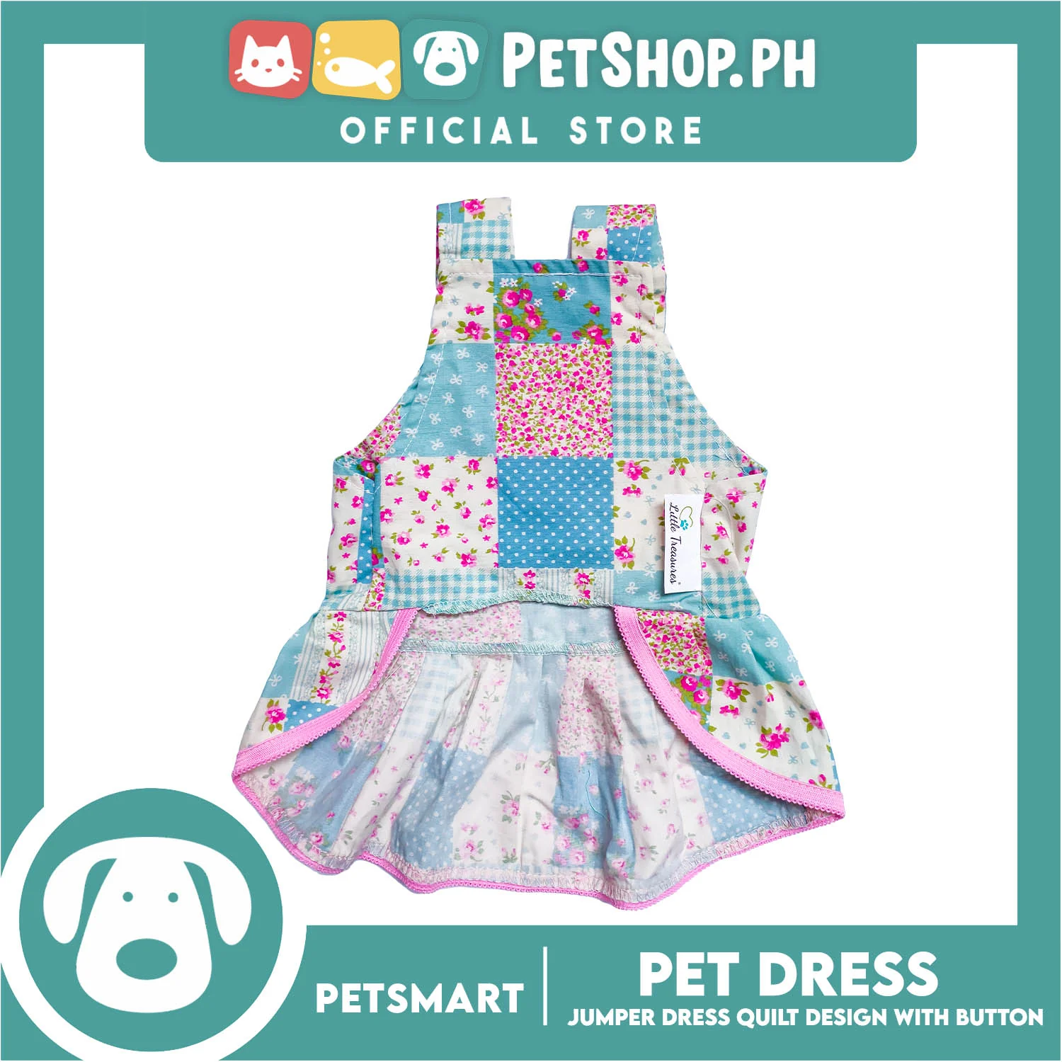 Pet Jumper Dress Quilt Design With Buttons, Blue With Pink Colors DG-CTN110M (Medium) Perfect Fit For Dogs And Cats, Breathable Clothes, Soft Lightweight Pet Clothing - Image 3