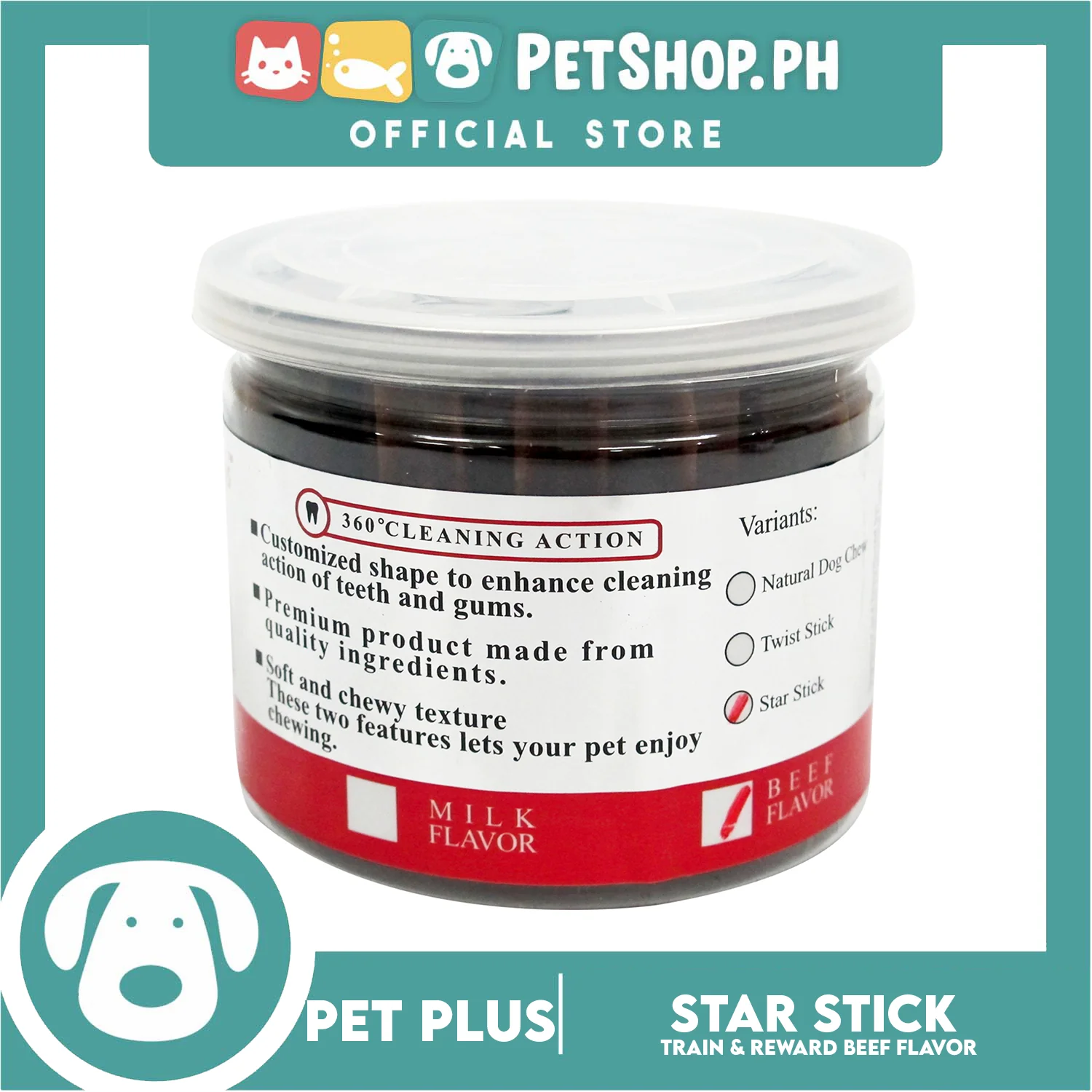 Pet Plus Train and Reward Dental Star Stick In a Jar (Beef Flavor) 360 Brushing Action Designed for Dogs Reward Treats - Image 2