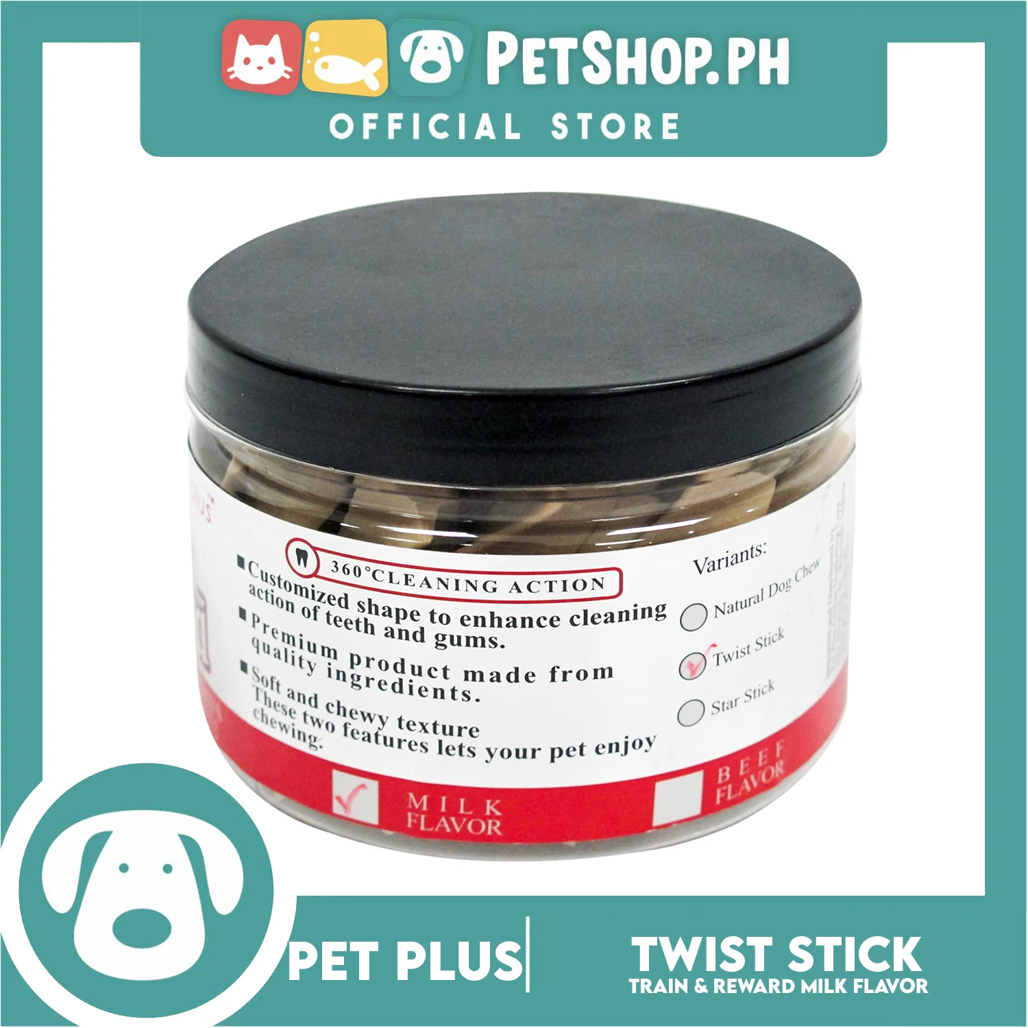 Pet Plus Train and Reward Dental Star Stick In a Jar (Twist Bone Milk Flavor) 360 Brushing Action Designed for Dogs Reward Treats - Image 2