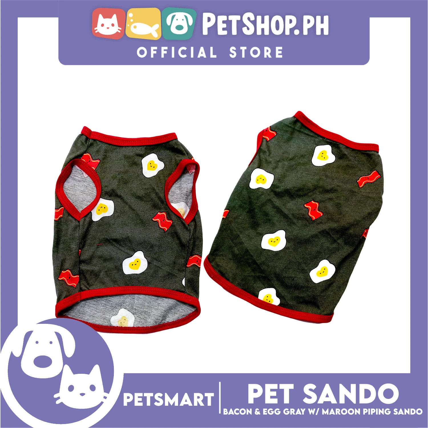 Pet Sando Bacon and Egg Designs, Gray with Maroon Color Piping Sando (Large) Perfect Fit for Dogs and Cats - Image 3