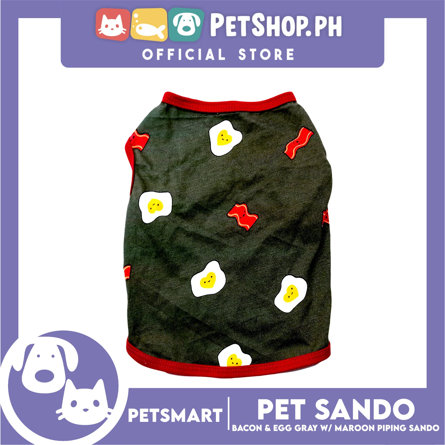 Pet Sando Bacon and Egg Designs, Gray with Maroon Color Piping Sando (Medium) Perfect Fit for Dogs and Cats - Image 3