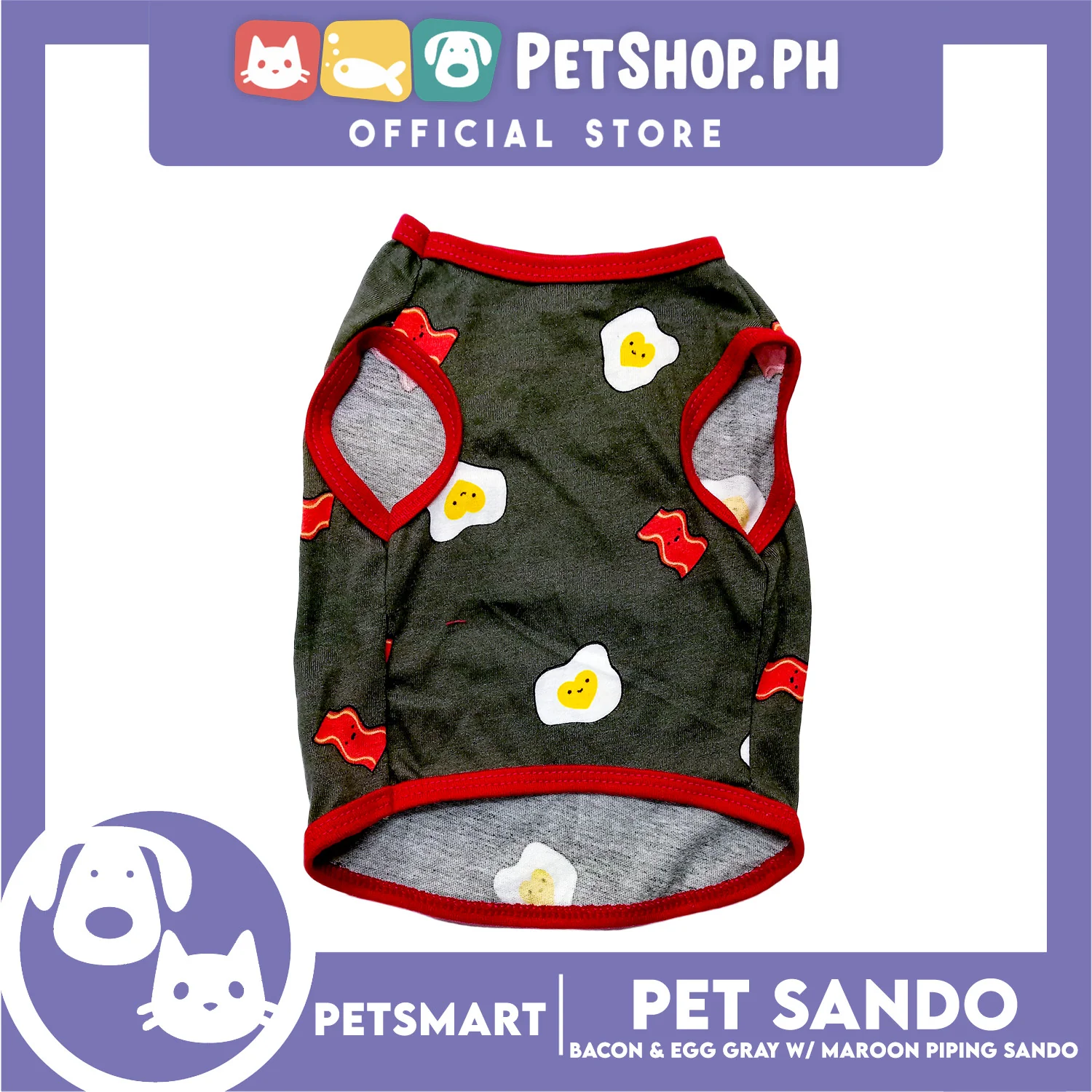 Pet Sando Bacon and Egg Designs, Gray with Maroon Color Piping Sando (Medium) Perfect Fit for Dogs and Cats - Image 4