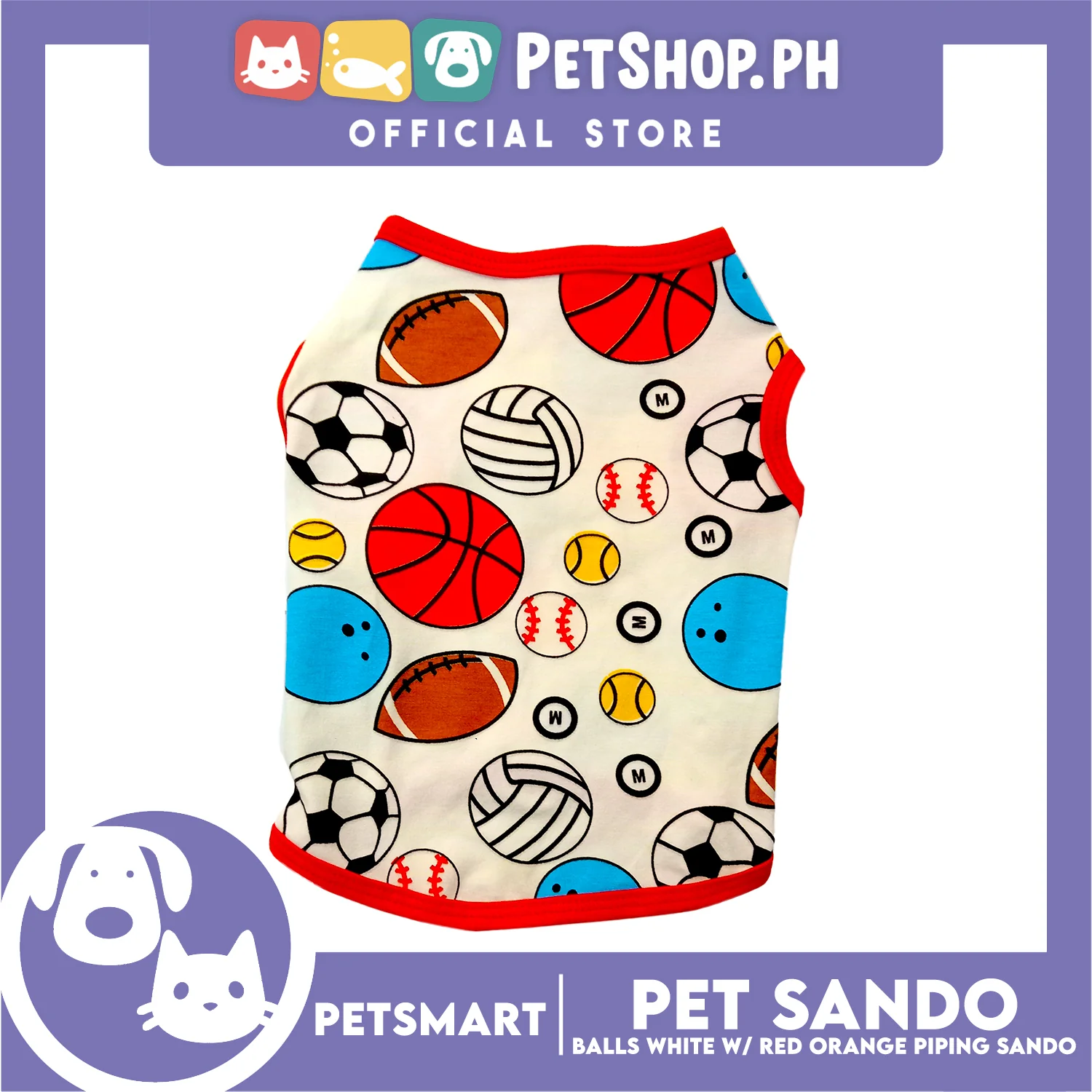 Pet Sando Balls Design, White with Red Orange Color Piping Sando (Large) Perfect Fit for Dogs and Cats - Image 3