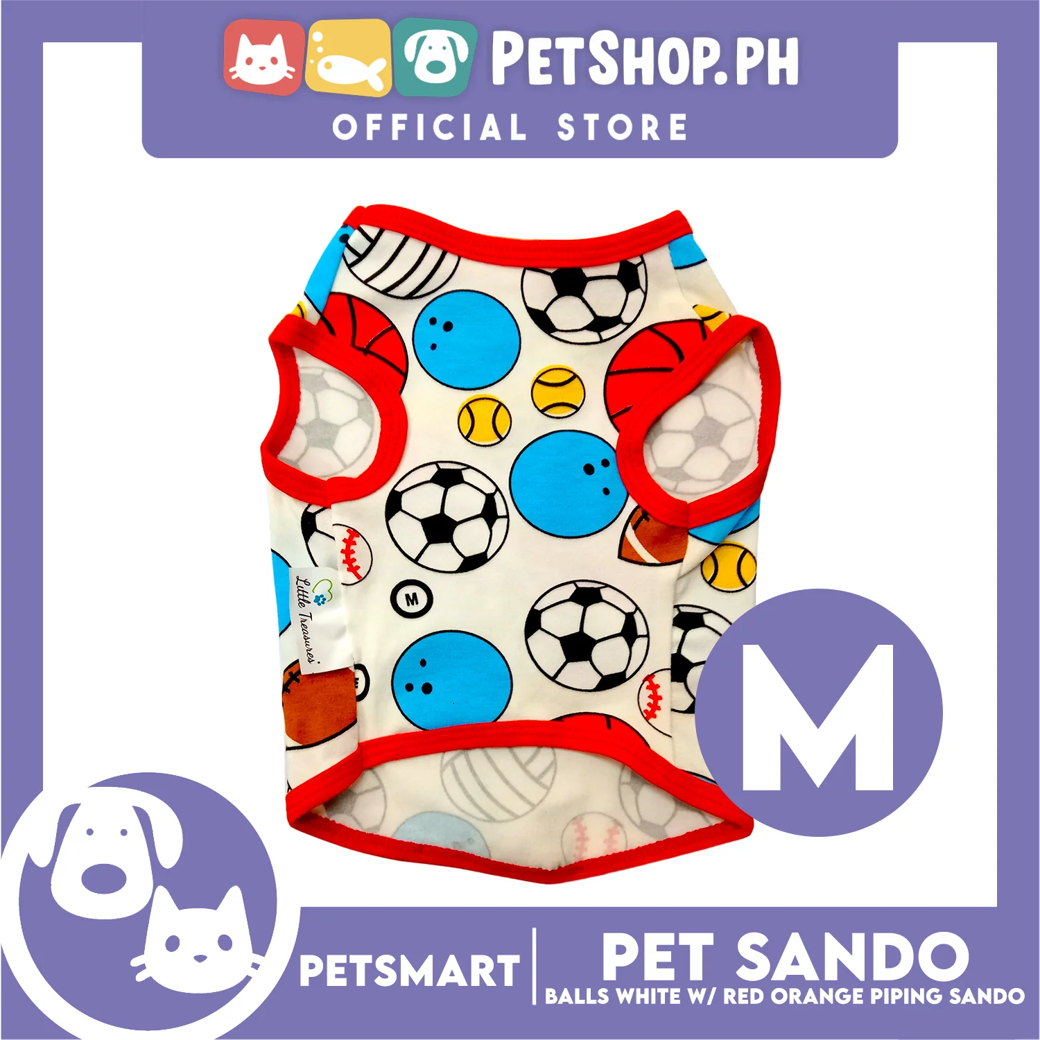 Pet Sando Balls Design, White with Red Orange Color Piping Sando (Medium) Perfect Fit for Dogs and Cats