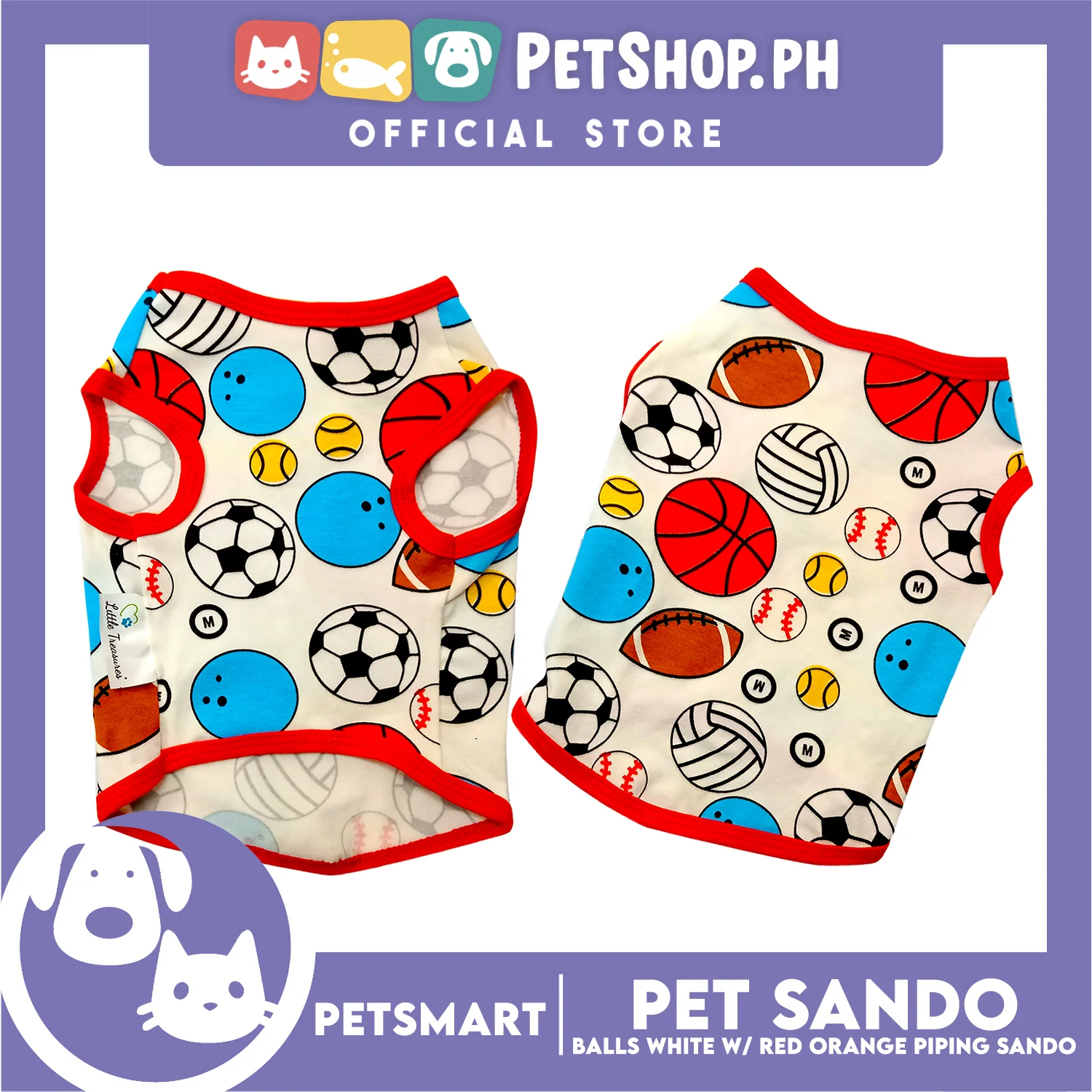 Pet Sando Balls Design, White with Red Orange Color Piping Sando (Small) Perfect Fit for Dogs and Cats - Image 2