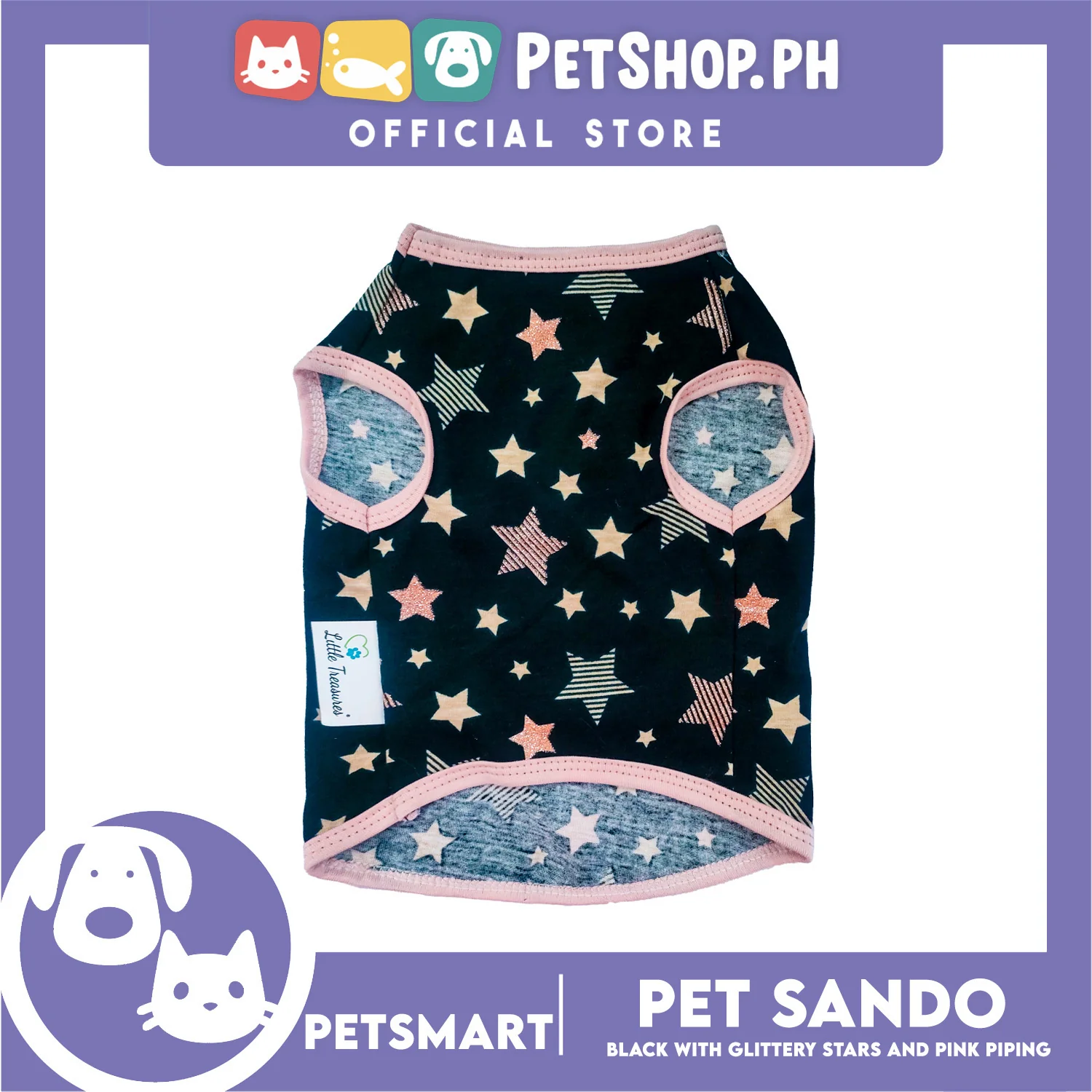 Pet Sando Black with Glittery Stars and Pink Piping Color DG-CTN147M (Medium) Perfect Fit For Dogs And Cats - Image 2