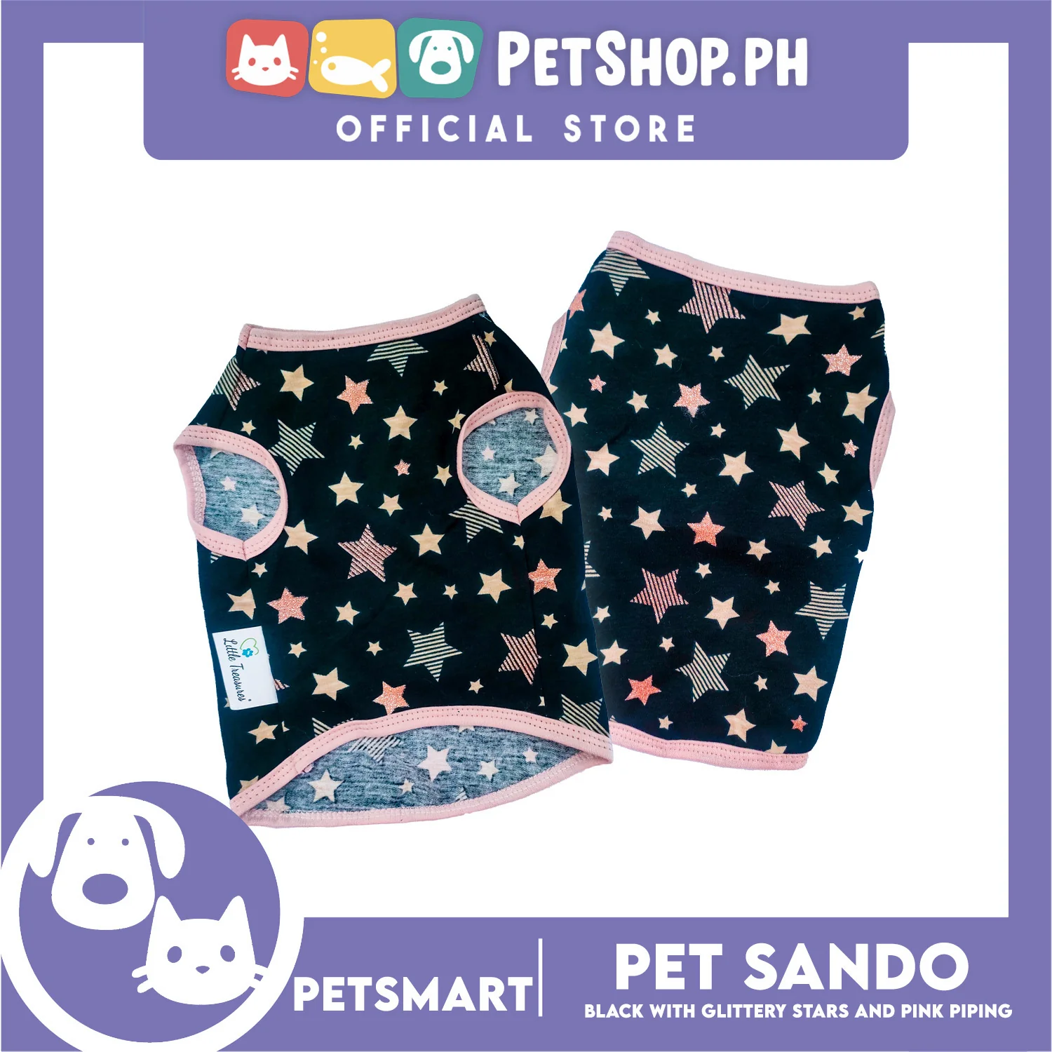 Pet Sando Black with Glittery Stars and Pink Piping Color DG-CTN147XL (XL) Perfect Fit For Dogs And Cats - Image 2