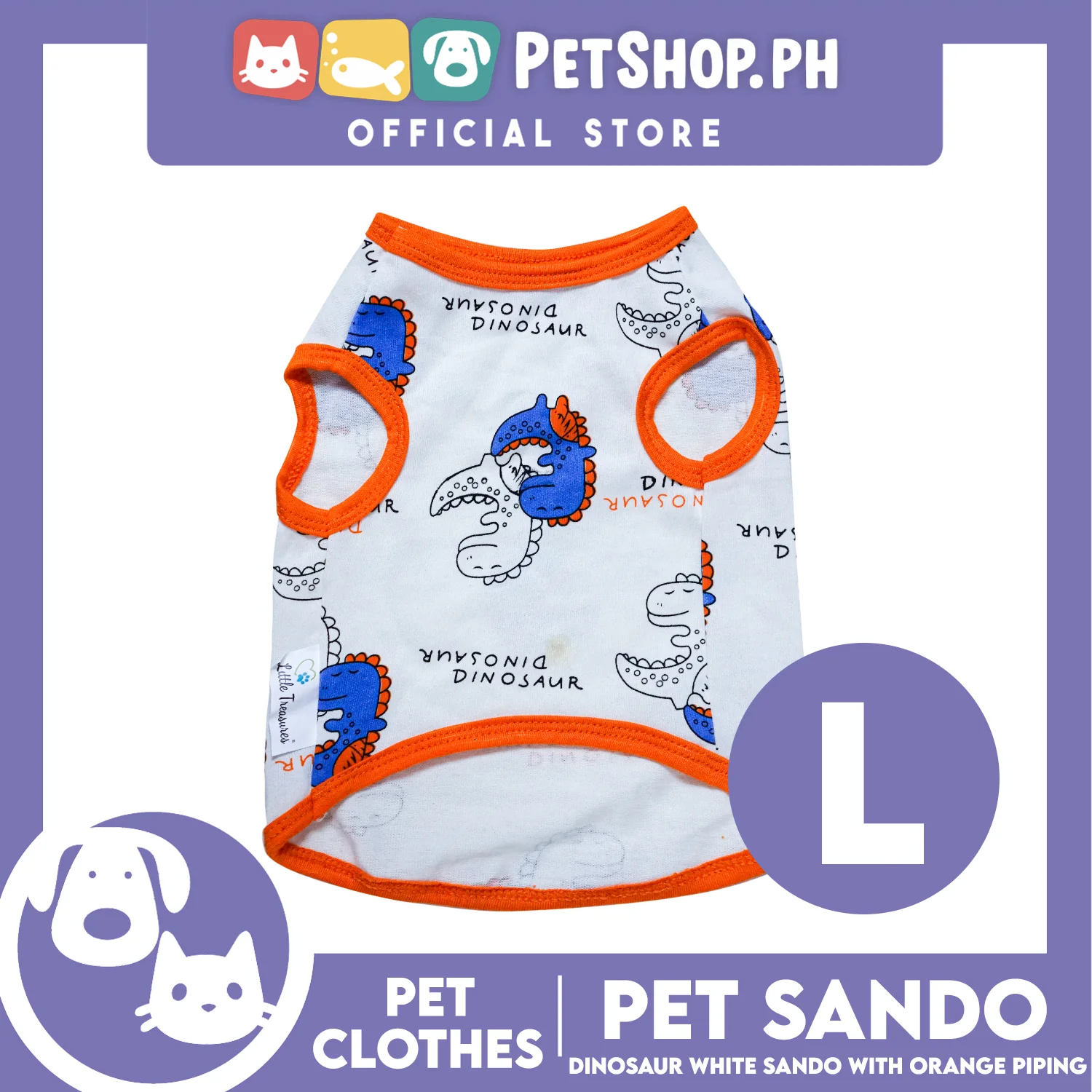 Pet Sando Dinosaur White with Orange Piping Sando (Large) Perfect Fit for Dogs and Cats