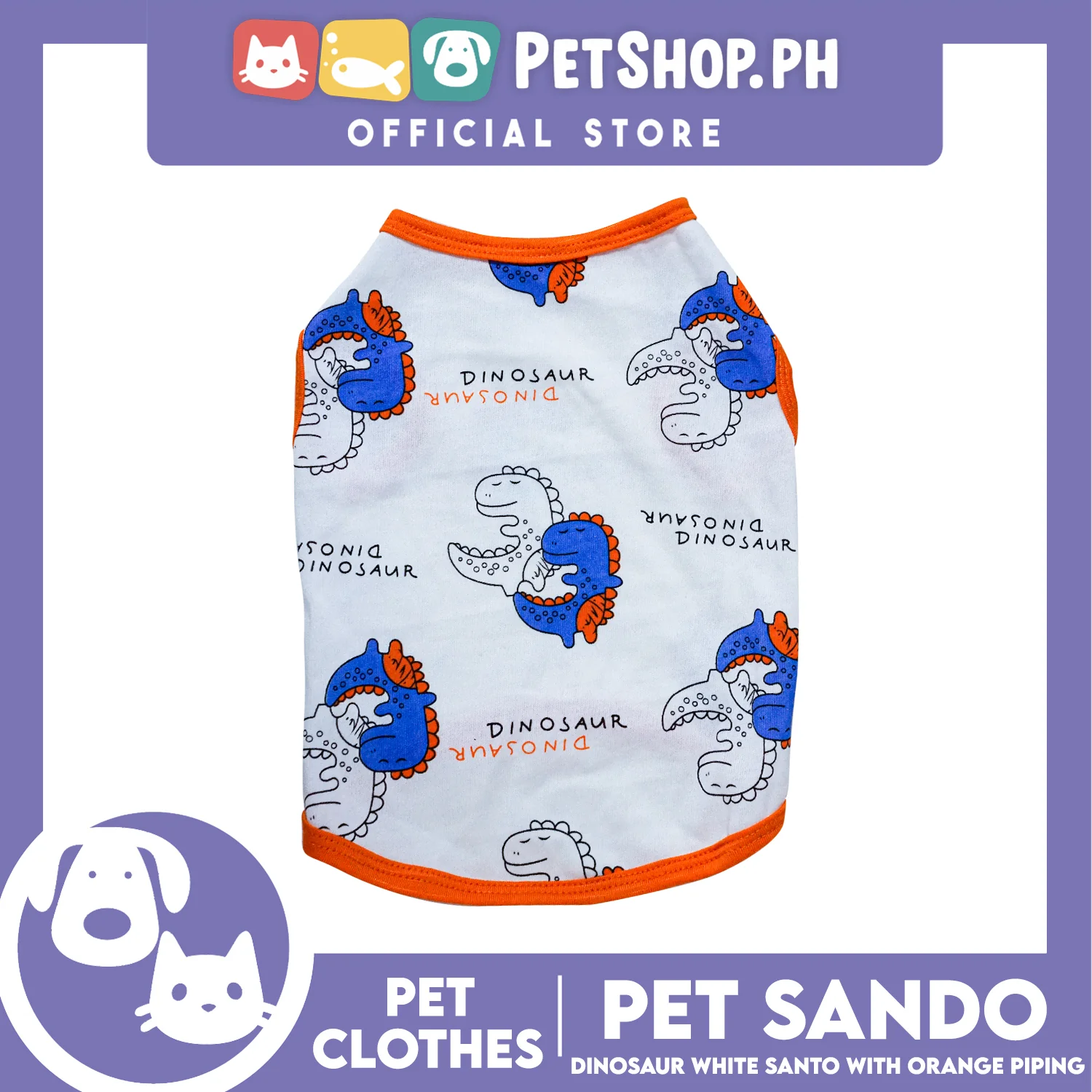 Pet Sando Dinosaur White with Orange Piping Sando (Large) Perfect Fit for Dogs and Cats - Image 2