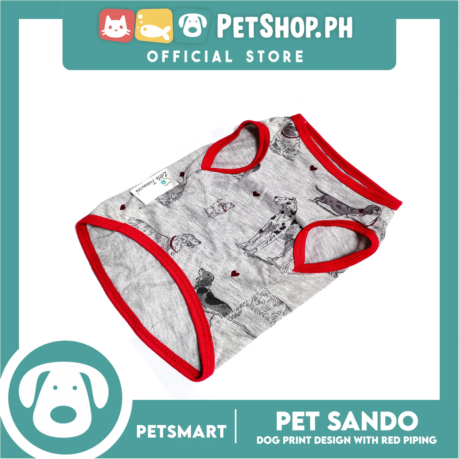 Pet Sando Dog Print Design With Red Piping, Gray Color DG-CTN107S (Small) - Image 2