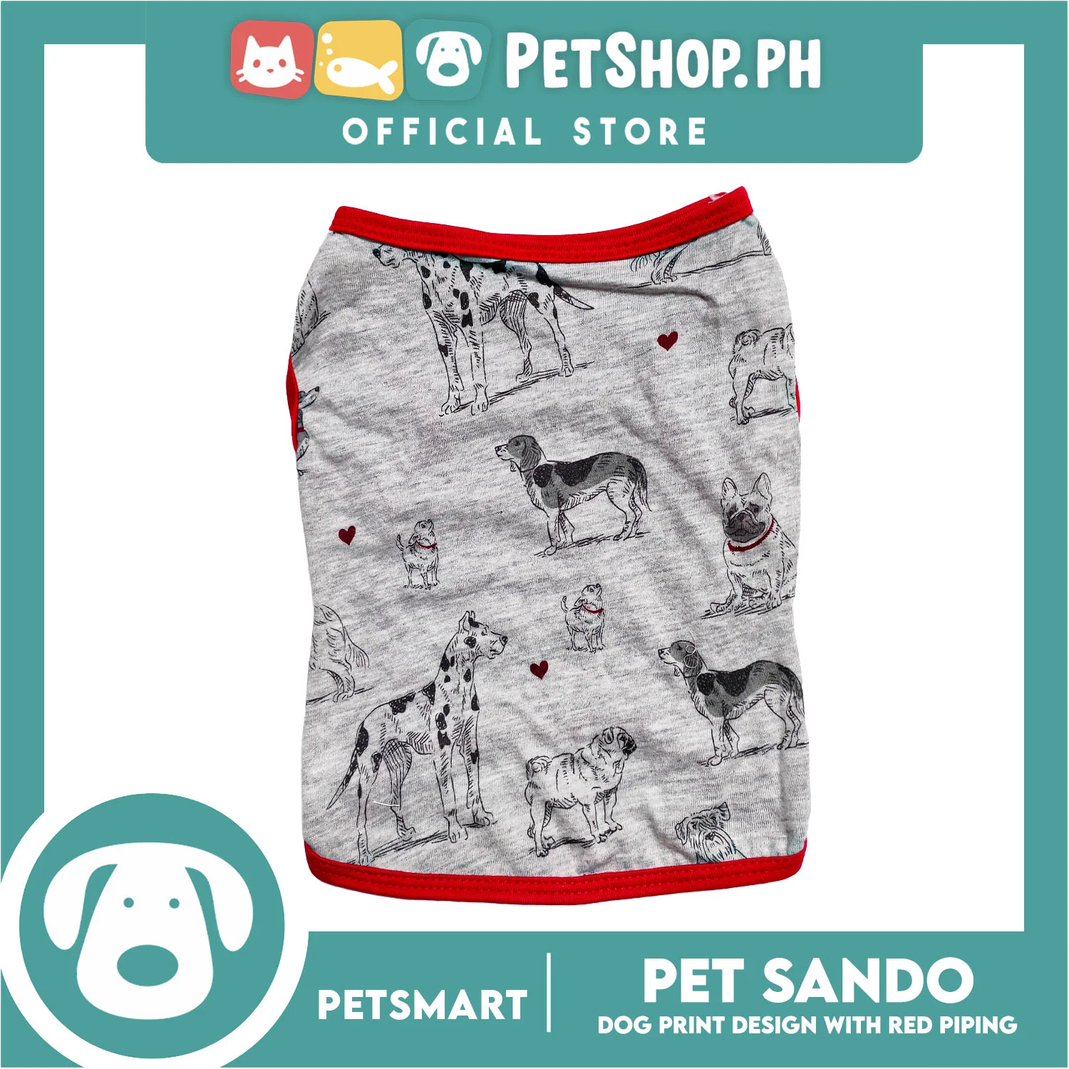Pet Sando Dog Print Design With Red Piping, Gray Color DG-CTN107S (Small) - Image 3