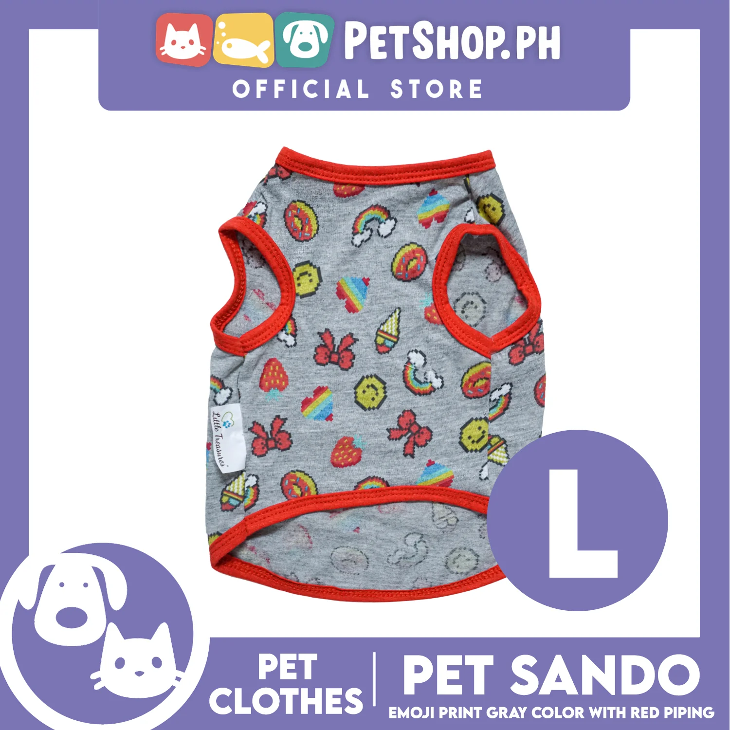 Pet Sando Emoji Print Gray Sando with Red Piping (Large) Perfect Fit for Dogs and Cats