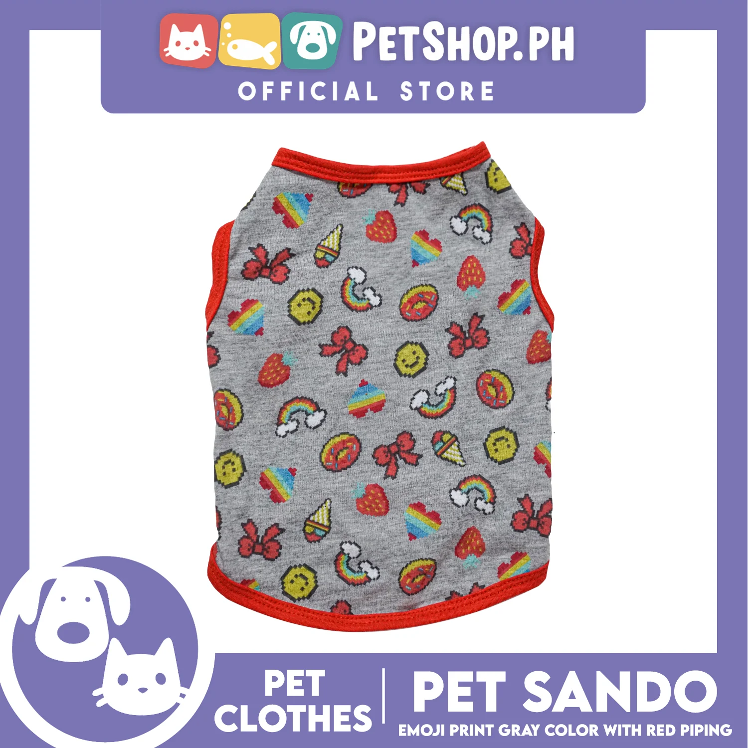 Pet Sando Emoji Print Gray Sando with Red Piping (Large) Perfect Fit for Dogs and Cats - Image 4