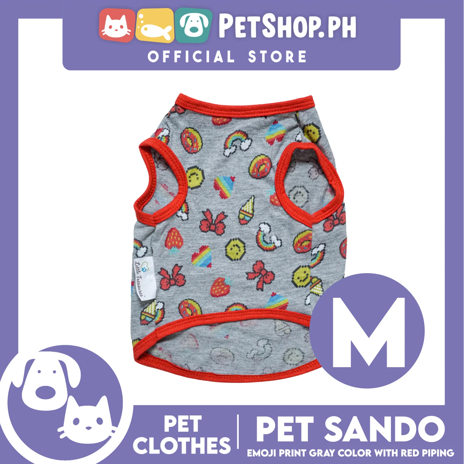 Pet Sando Emoji Print Gray Sando with Red Piping (Medium) Perfect Fit for Dogs and Cats