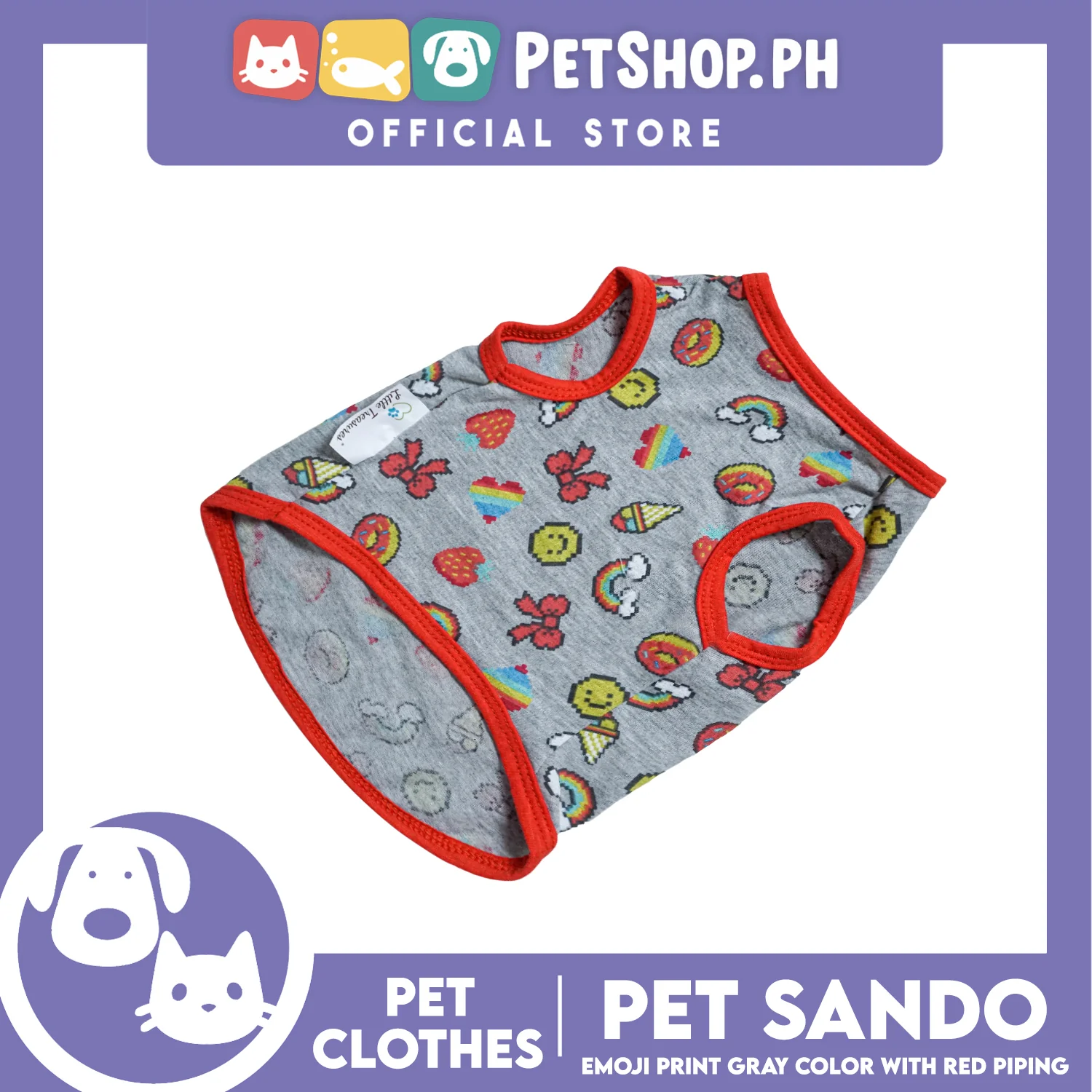 Pet Sando Emoji Print Gray Sando with Red Piping (Medium) Perfect Fit for Dogs and Cats - Image 3
