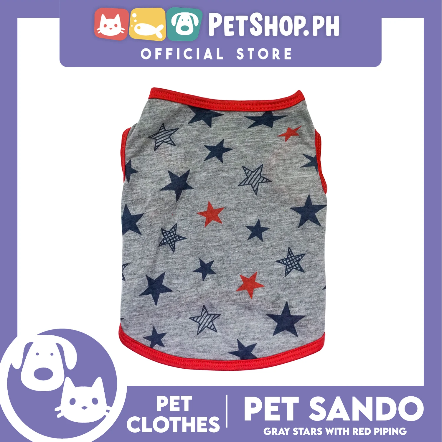 Pet Sando Gray Stars with Red Piping (Large) Pet Shirt Clothes Perfect fit for Dogs - Image 3