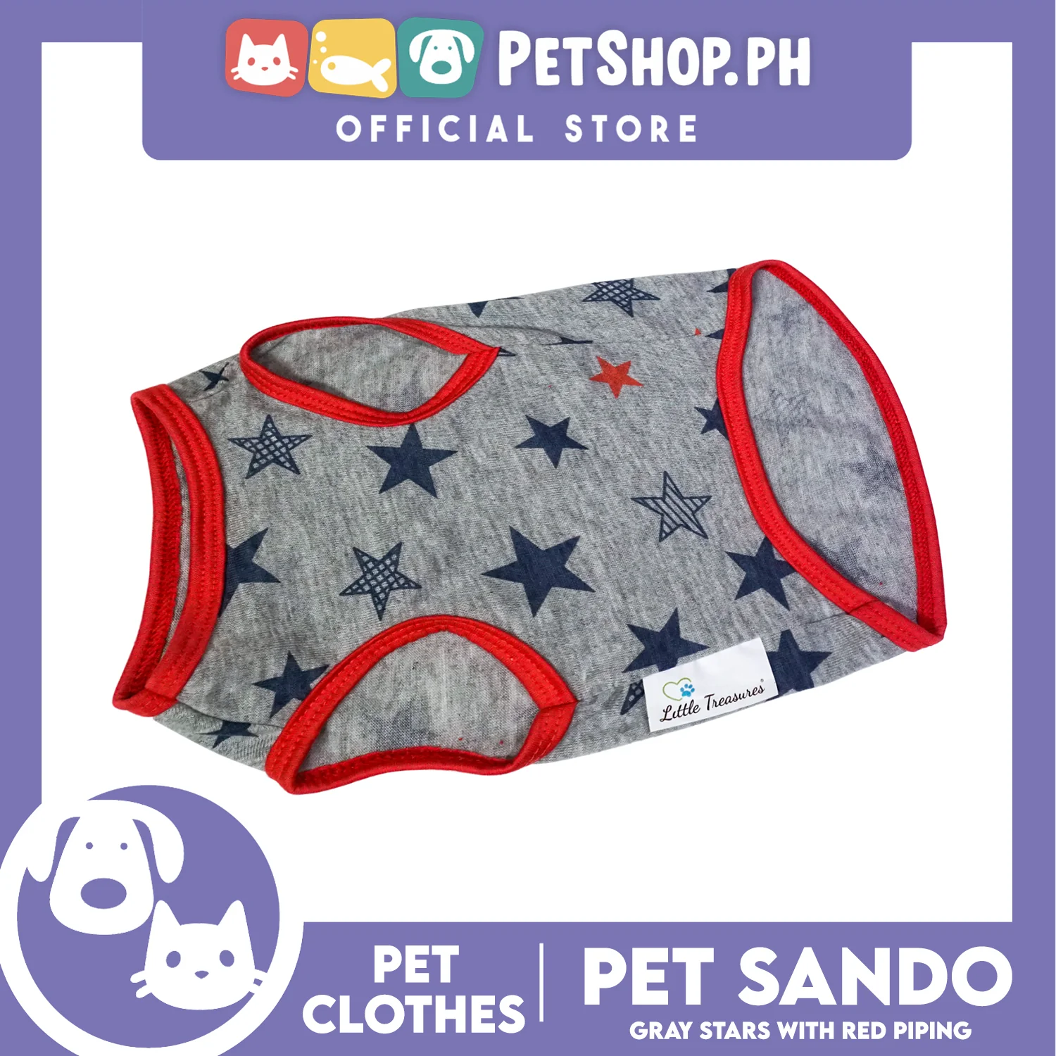 Pet Sando Gray Stars with Red Piping (Medium) Pet Shirt Clothes Perfect fit for Dogs - Image 2