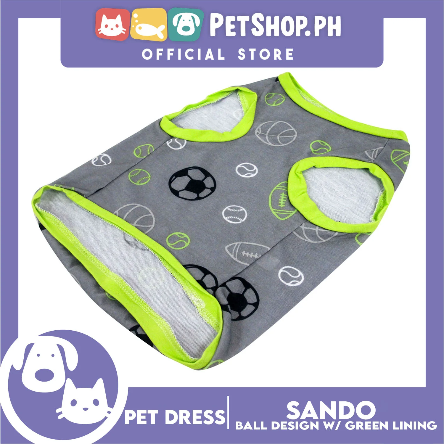 Pet Sando Gray with Soccer Print with Green Piping (Extra Large) for Small Dog- Pet Sport Clothes - Image 2