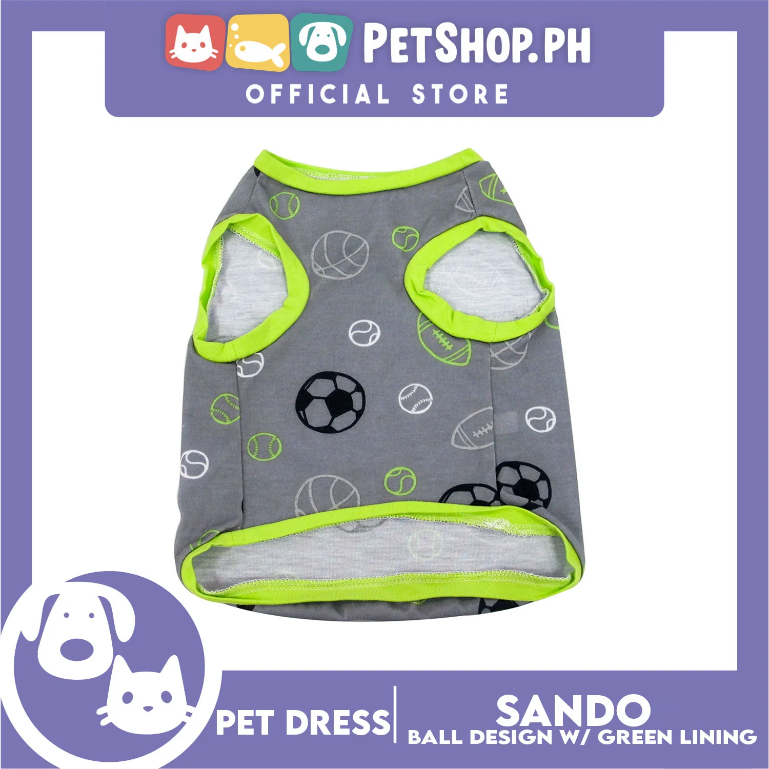 Pet Sando Gray with Soccer Print with Green Piping (Extra Large) for Small Dog- Pet Sport Clothes - Image 3