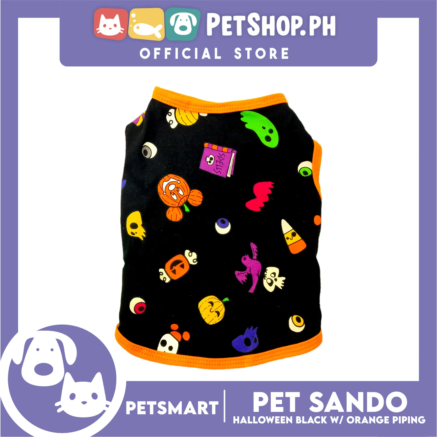 Pet Sando Halloween Design, Black with Orange Color Piping Sando (Medium) Perfect Fit for Dogs and Cats - Image 3