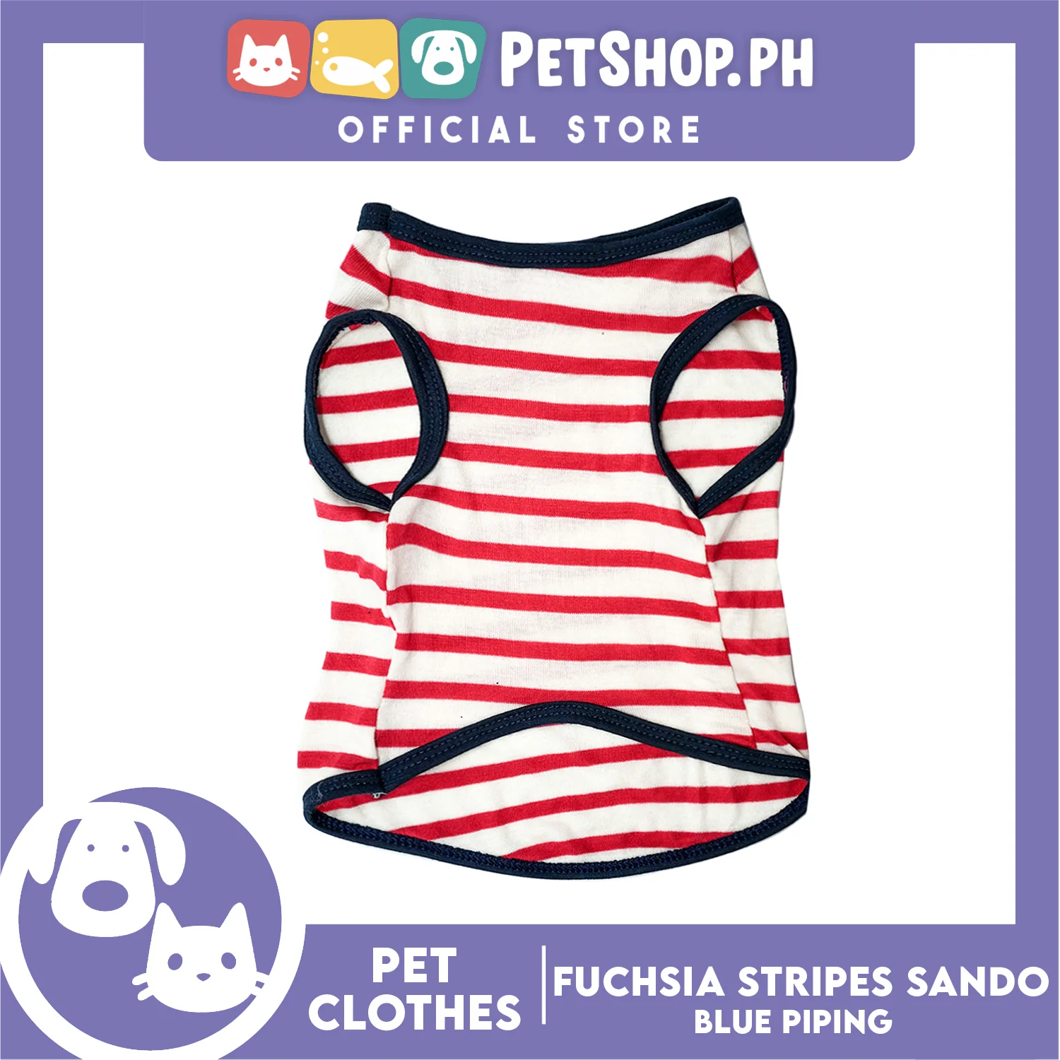 Pet Sando (Large) Fuchsia Stripes with Blue Piping Sando Pet Shirt - Image 3