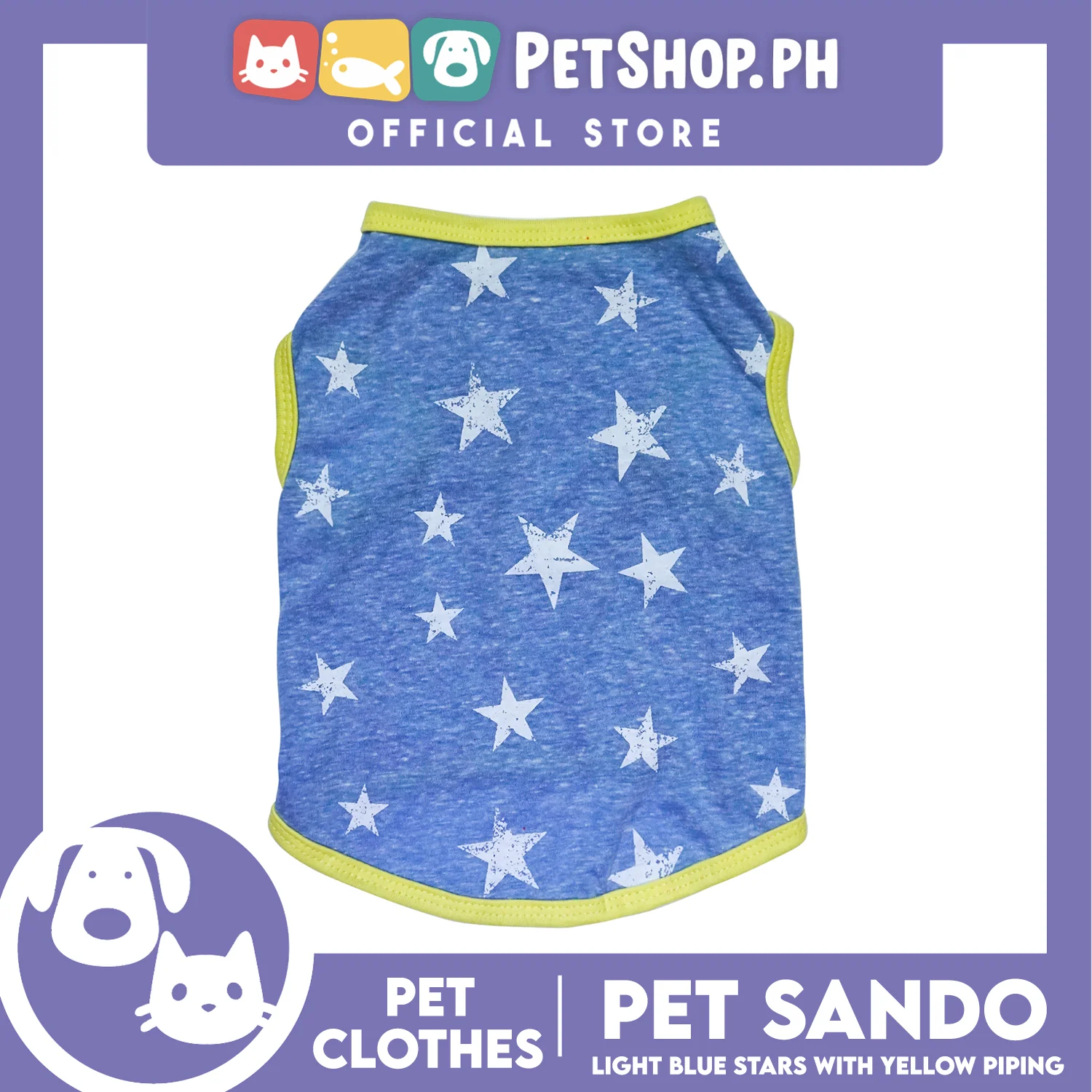 Pet Sando Light Blue Stars with Yellow Piping (Large) Pet Shirt Clothes Perfect fit for Dogs - Image 2