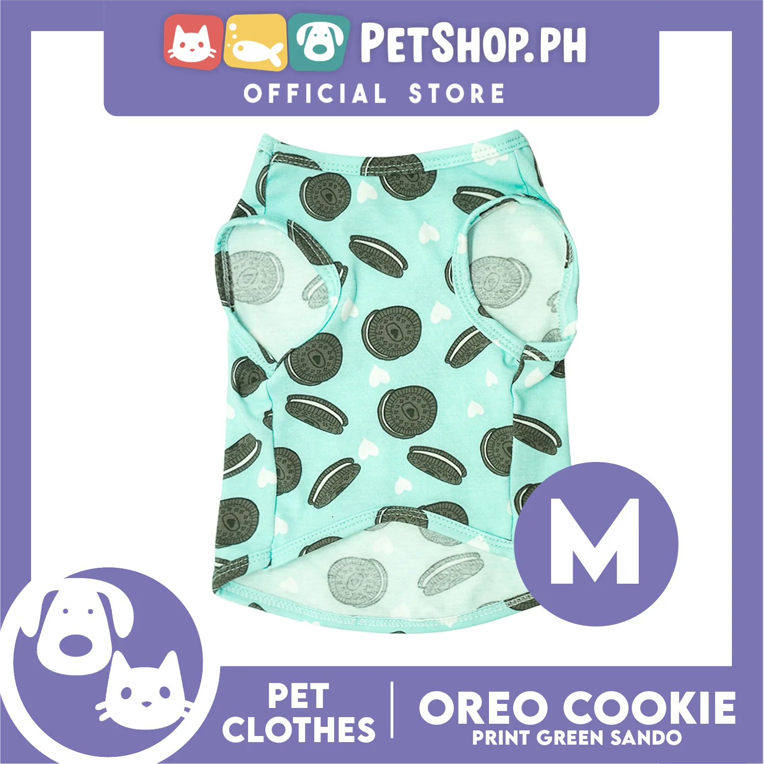 Pet Sando (Medium) Cookie Print Design Mint Green Sando Pet Shirt for Puppy, Small Dog and Cats - Sando Breathable Clothes, Pet T-shirt, Sweat Shirt
