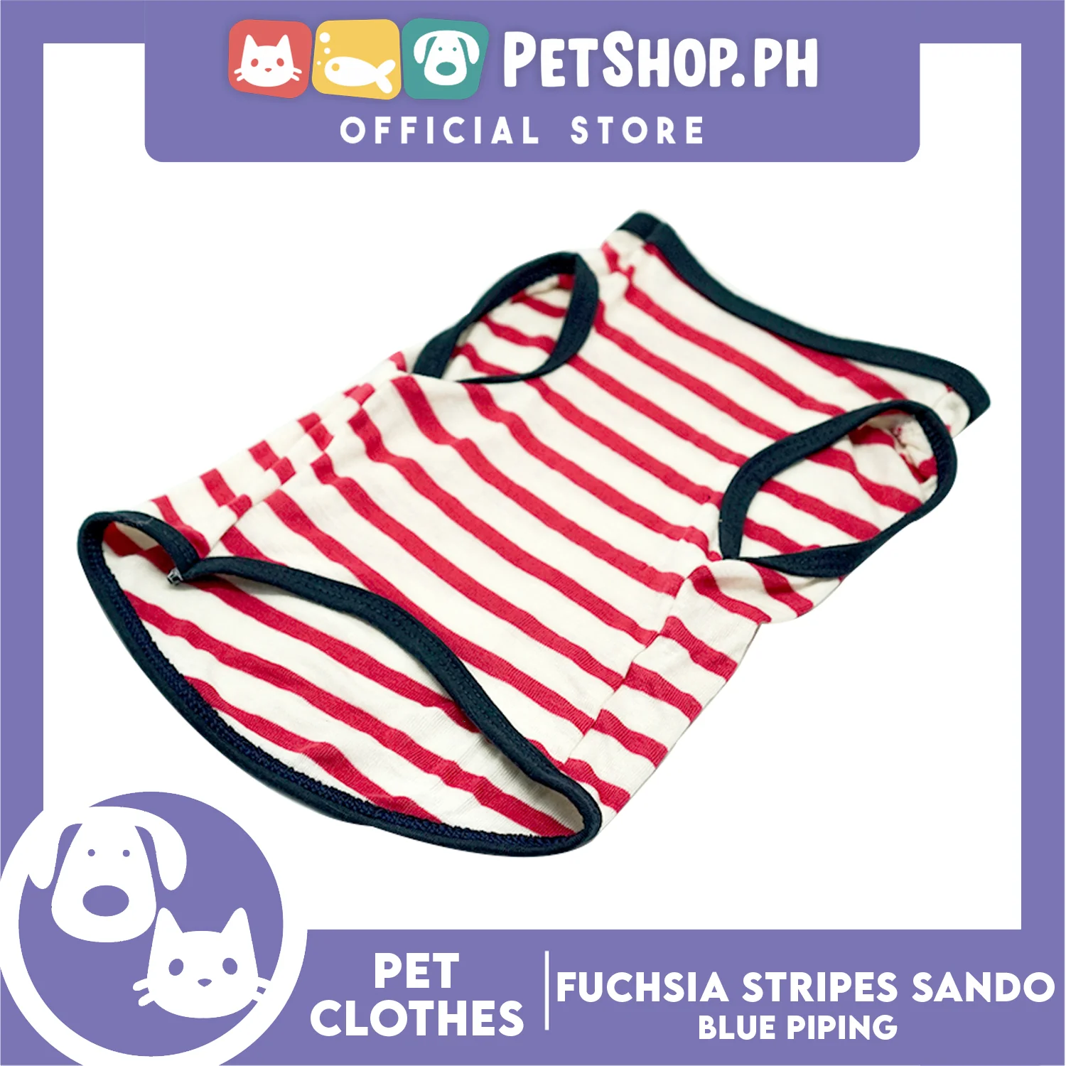 Pet Sando (Small) Fuchsia Stripes with Blue Piping Sando Pet Shirt - Image 3