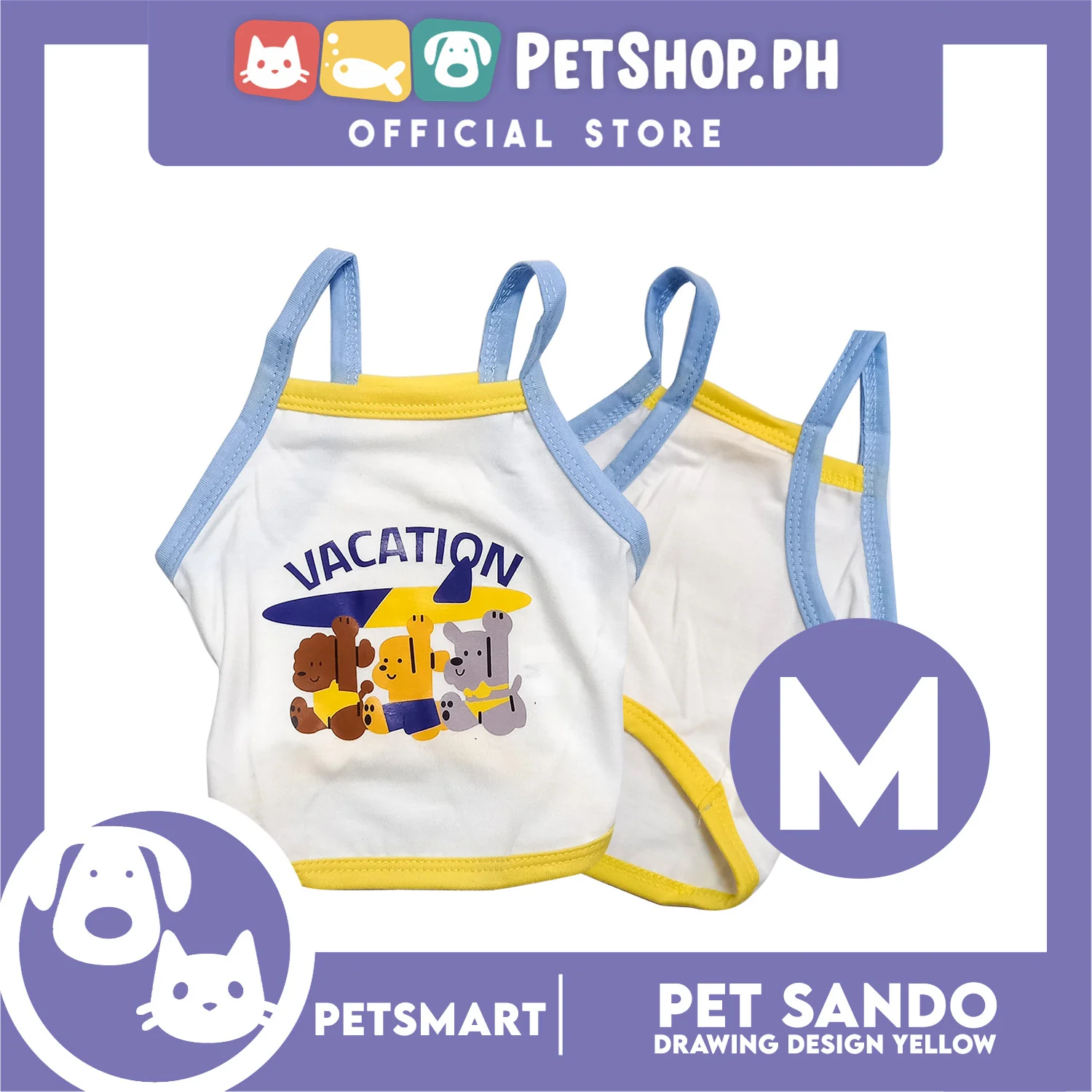 Pet Sando White Vacation Design Blue/Yellow Piping Medium Size (CWYF1868) Clothes for cats and dogs