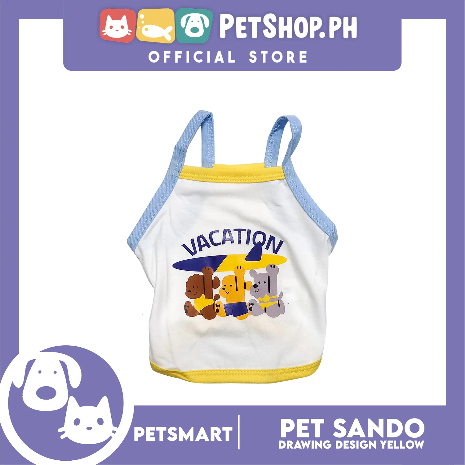 Pet Sando White Vacation Design Blue/Yellow Piping Medium Size (CWYF1868) Clothes for cats and dogs - Image 2