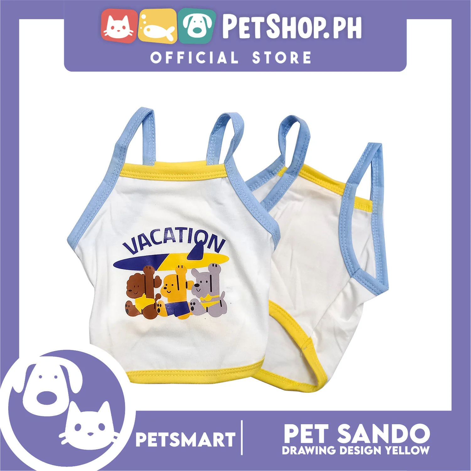 Pet Sando White Vacation Design Blue/Yellow Piping Medium Size (CWYF1868) Clothes for cats and dogs - Image 4
