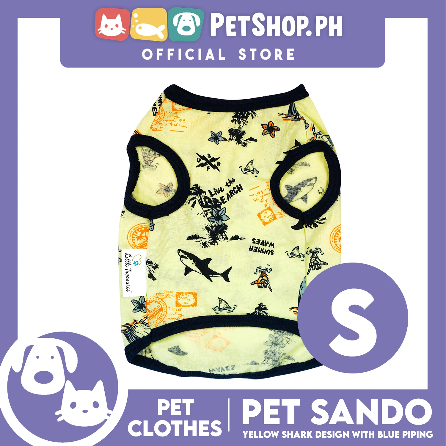 Pet Sando Yellow Shark Print with Blue Piping Pet Clothes (Small) Perfect Fit for Dogs and Cats