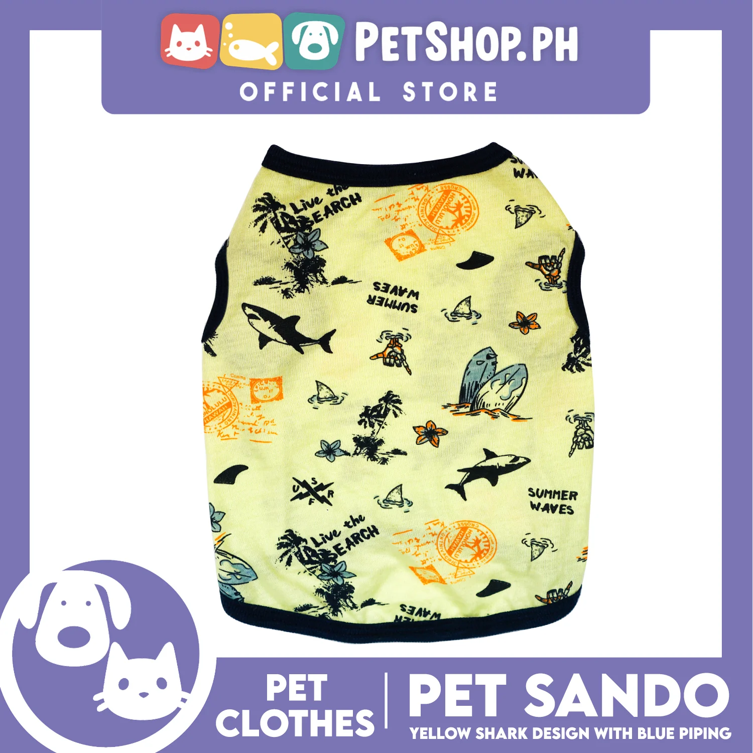 Pet Sando Yellow Shark Print with Blue Piping Pet Clothes (Small) Perfect Fit for Dogs and Cats - Image 3